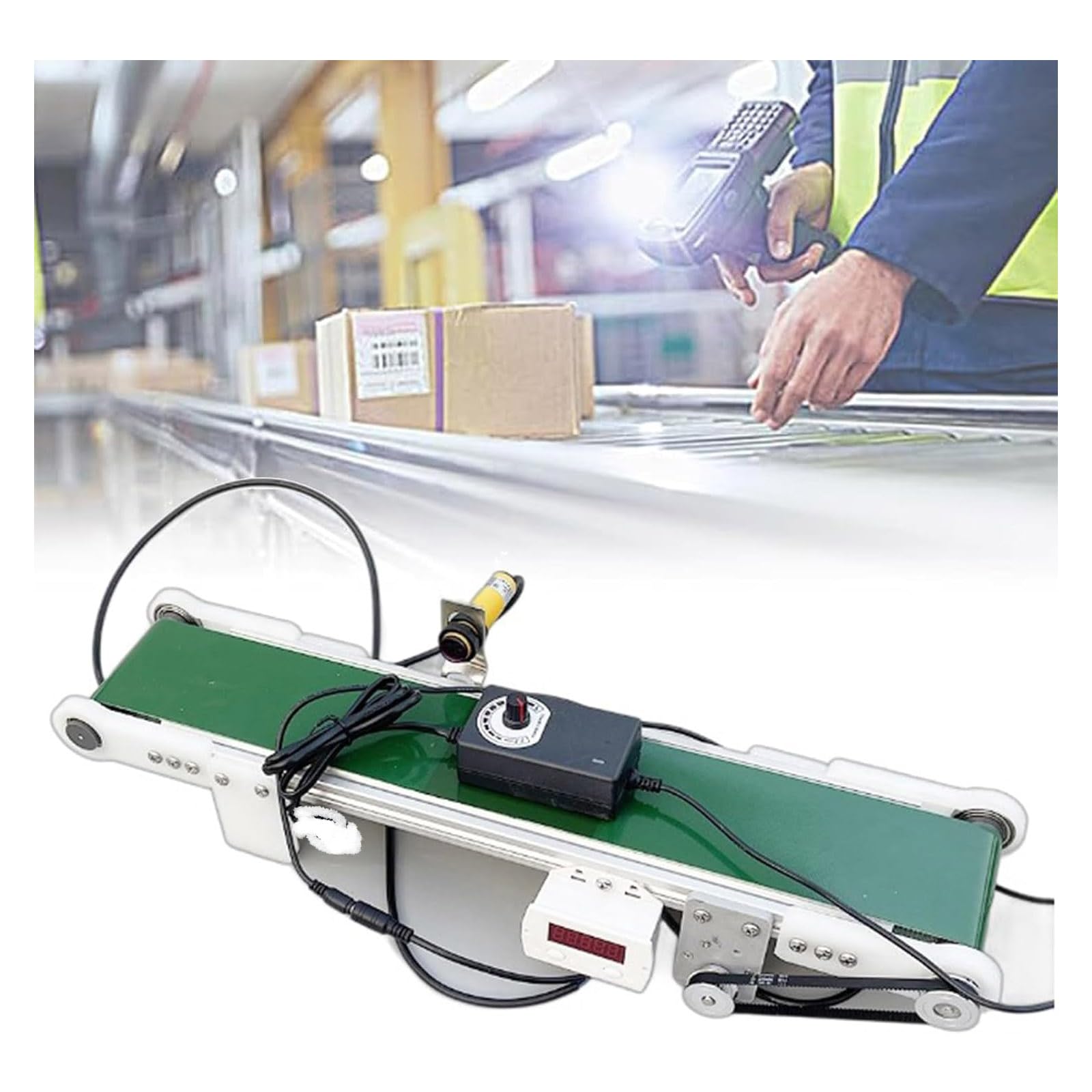 Przenośnik taśmowy biurkowy z automatyczną regulacją prędkości, mały przenośnik pasa ładunkowego (70 cm) - idealny do wydajnych rozwiązań w zakresie transportu materiałów i wysyłki