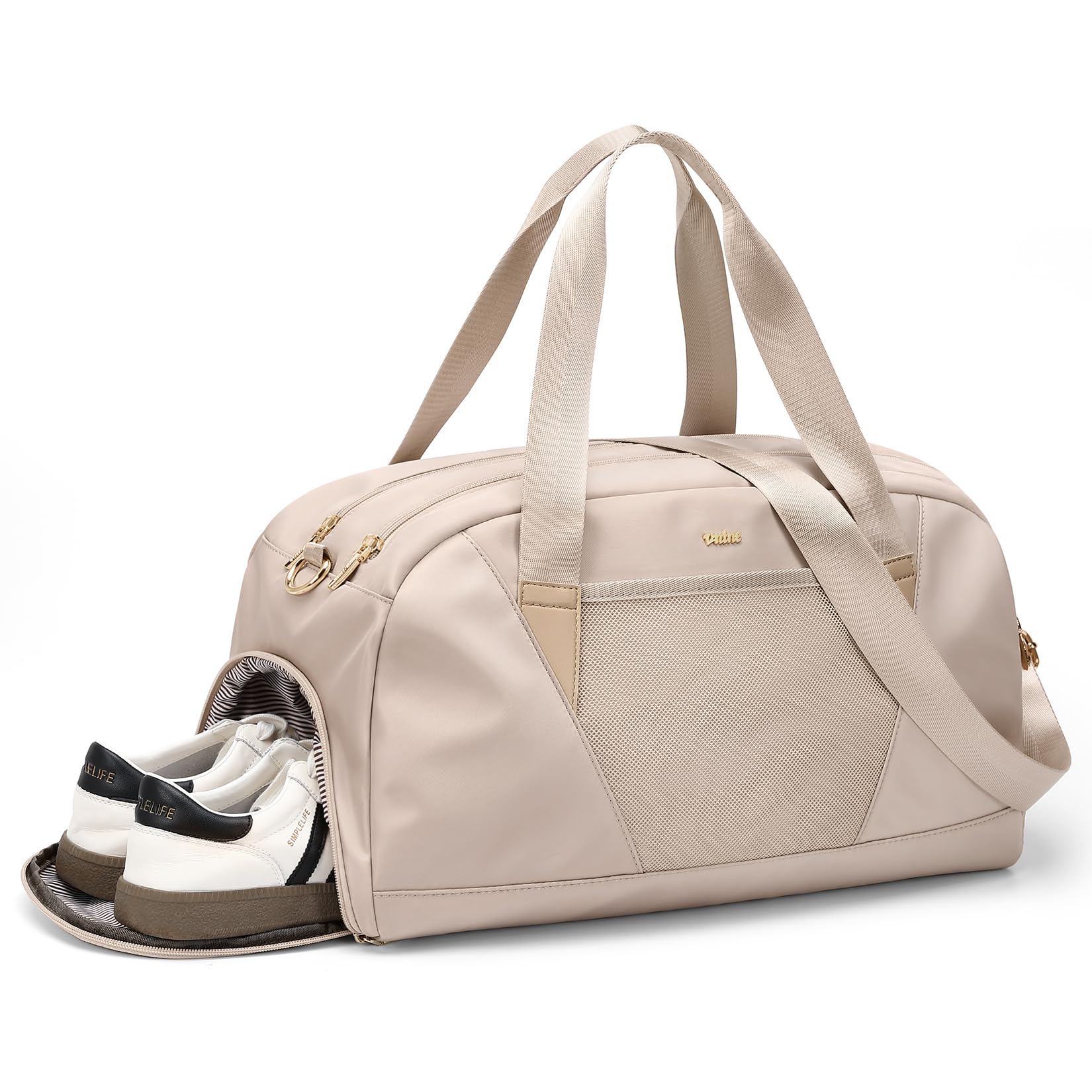 VNINE Duffle Bag for Women – Gym Bag with Shoe Compartment, Carry-On Weekender, Cabin Bag, Travel Bag with Wet Pocket, Waterproof Overnight Hospital Sports Bag Beige