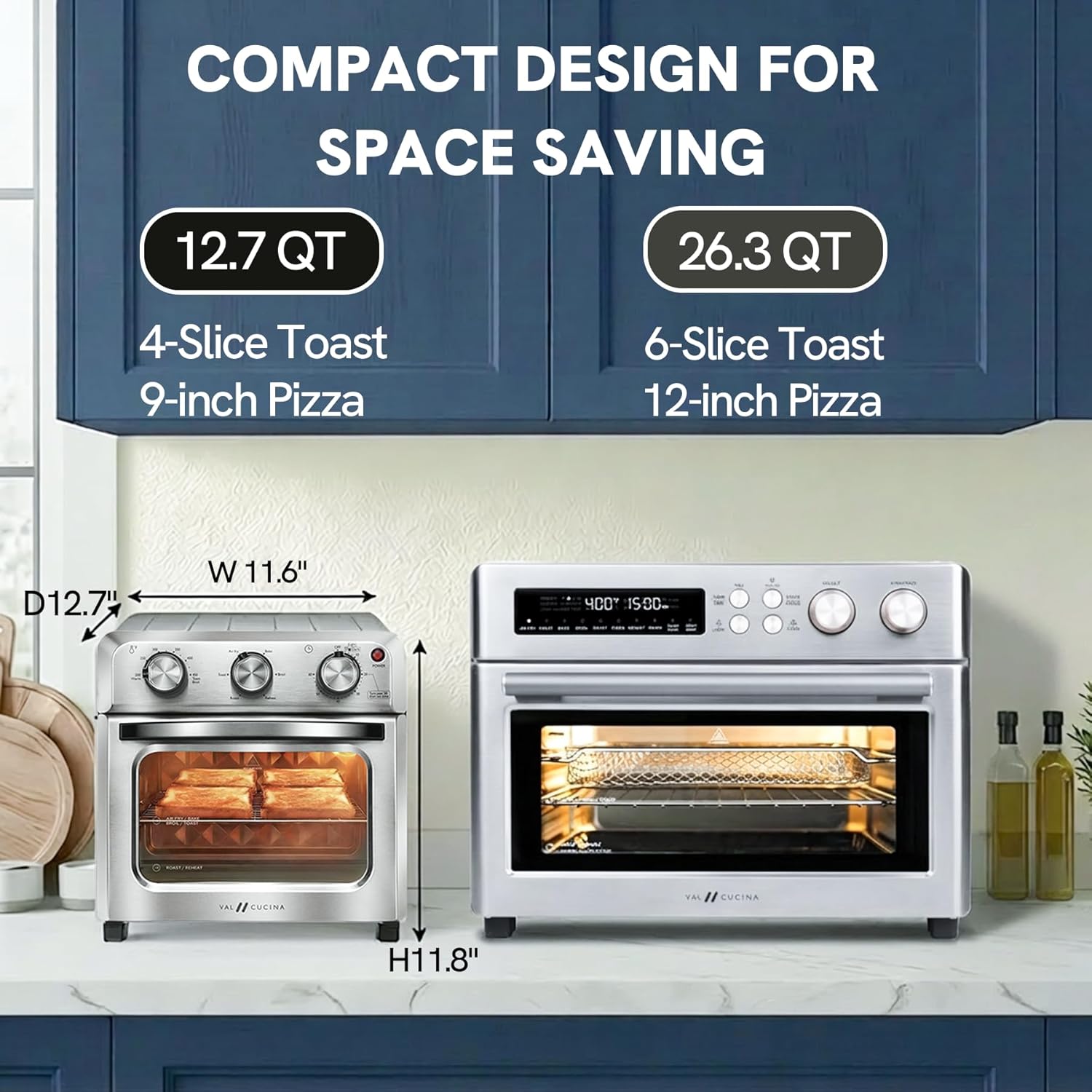 VAL CUCINA 6-in-1 Air Fryer Toaster Oven Combo, Compact 12.7 QT Small Countertop Convection Oven, Fits 9" Pizza & 4 Toast, Hexagon Hybrid Heating, Enamel Baking Pan