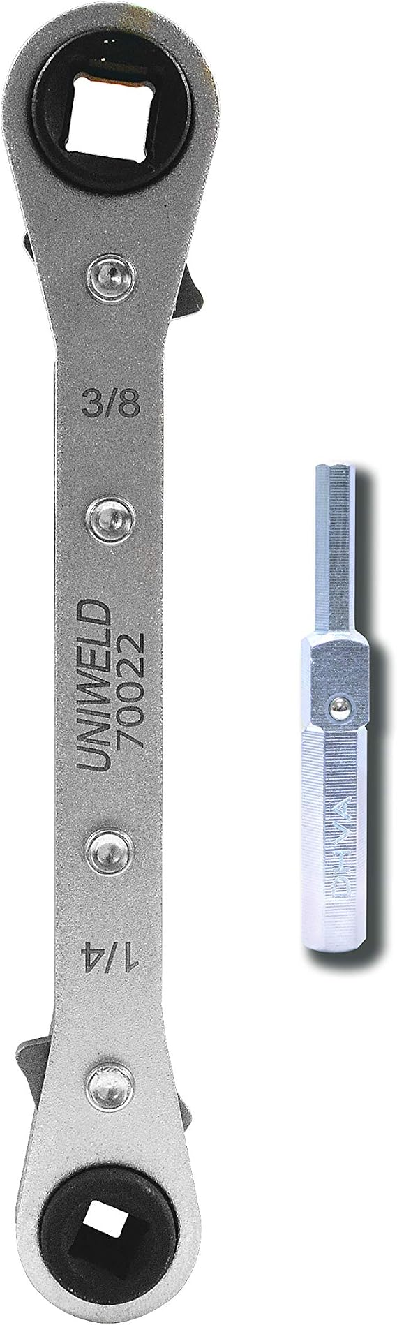 Uniweld 70022 Reversible Ratchet Wrench with DHVA Dual Hex Wrench Adaptor, Silver