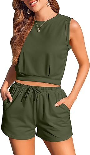 Zeagoo Conjunto de 2 piezas de verano para mujer sin mangas cuello redondo cintura alta con cordón y pantalones cortos casuales