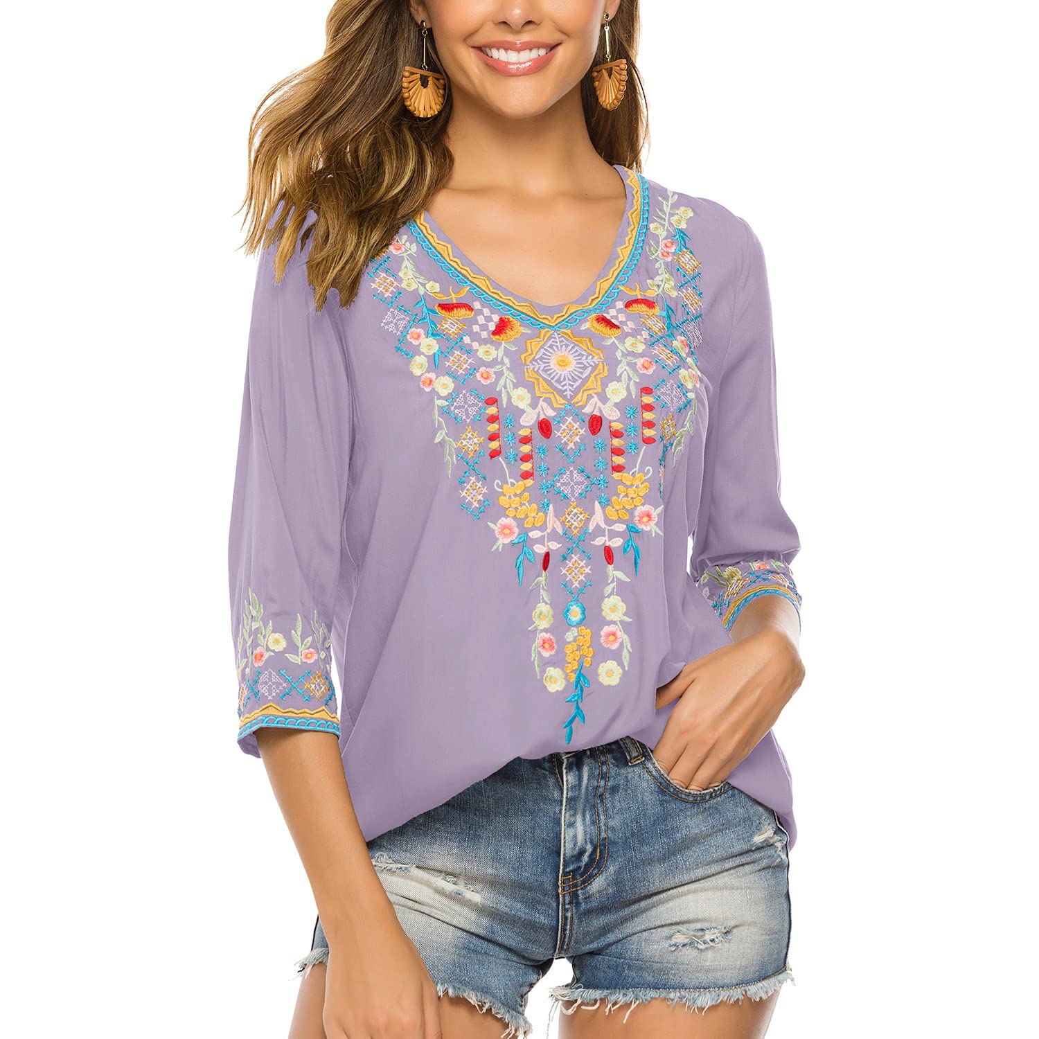 Seasonal Tunika Damen Sommer Boho Bluse Folklore Stickerei O