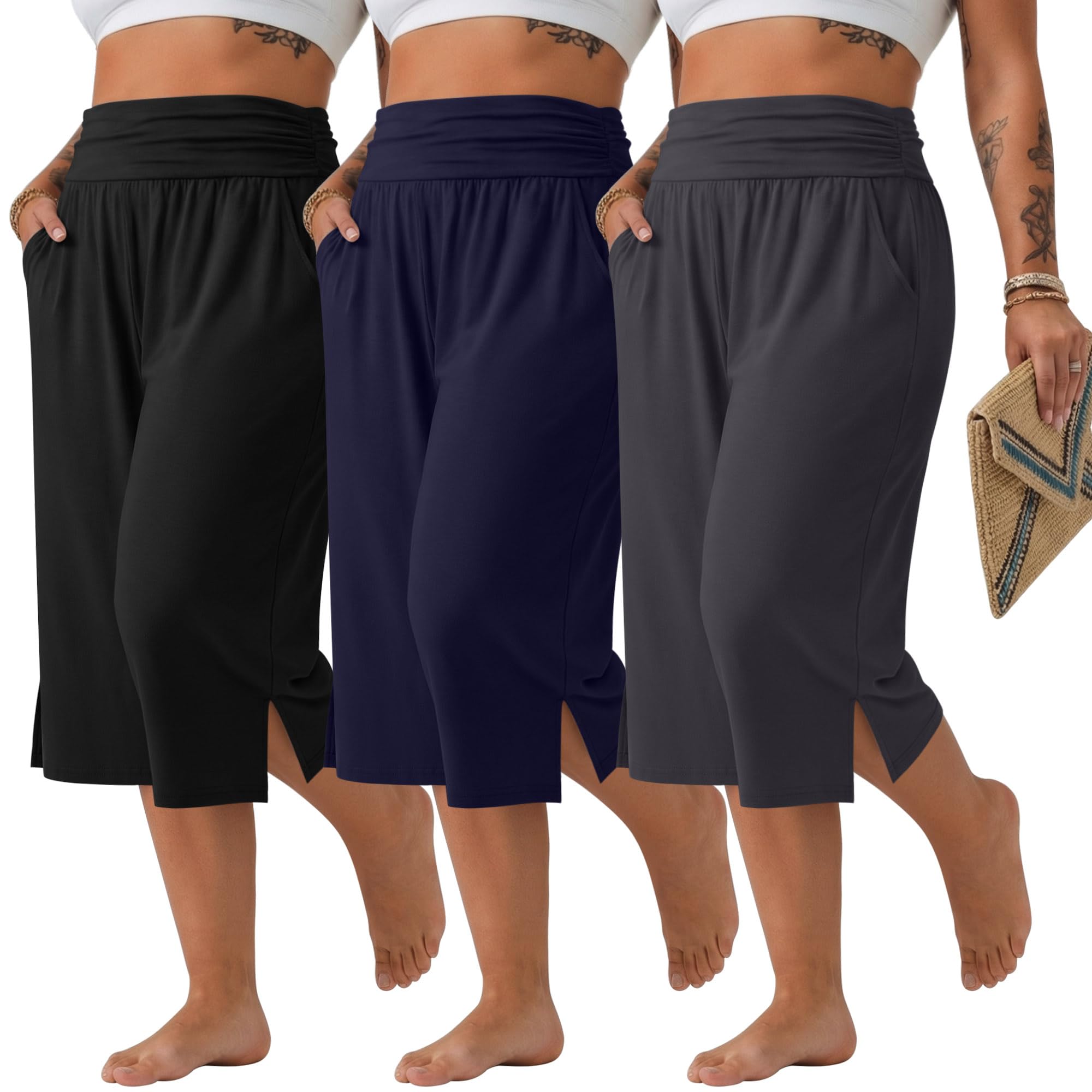 Neer Lot de 3 pantalons capri en coton taille haute pour femme avec poches, Noir, gris foncé, bleu marine, Taille 3XL