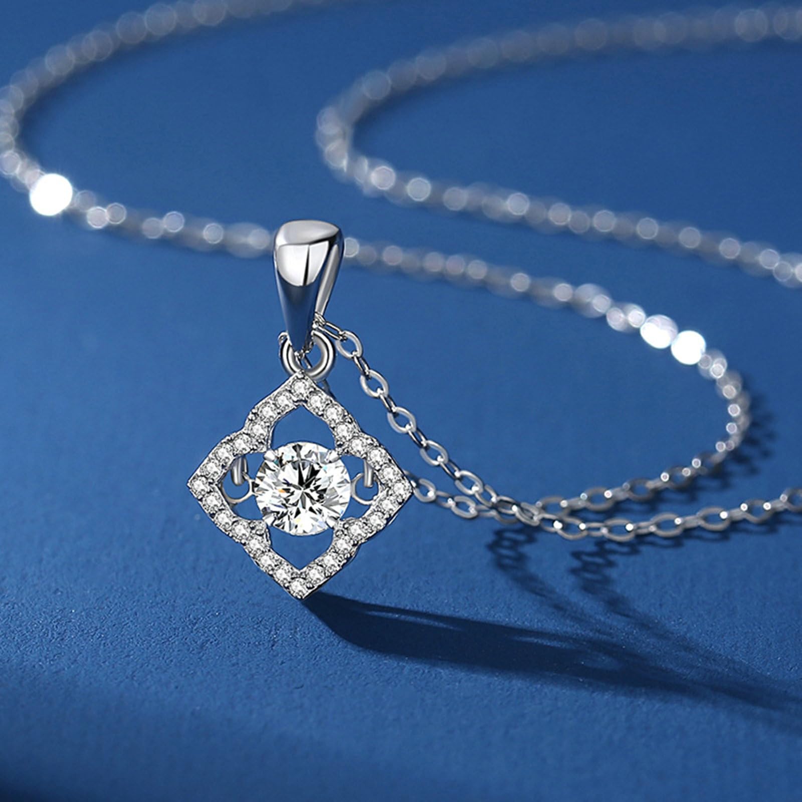 Collana in Oro Bianco 9/14/18Kt, Cavo Rombi con Bianco Moissanite Ciondolo Donna Oro 375/585/750, 40+5cm