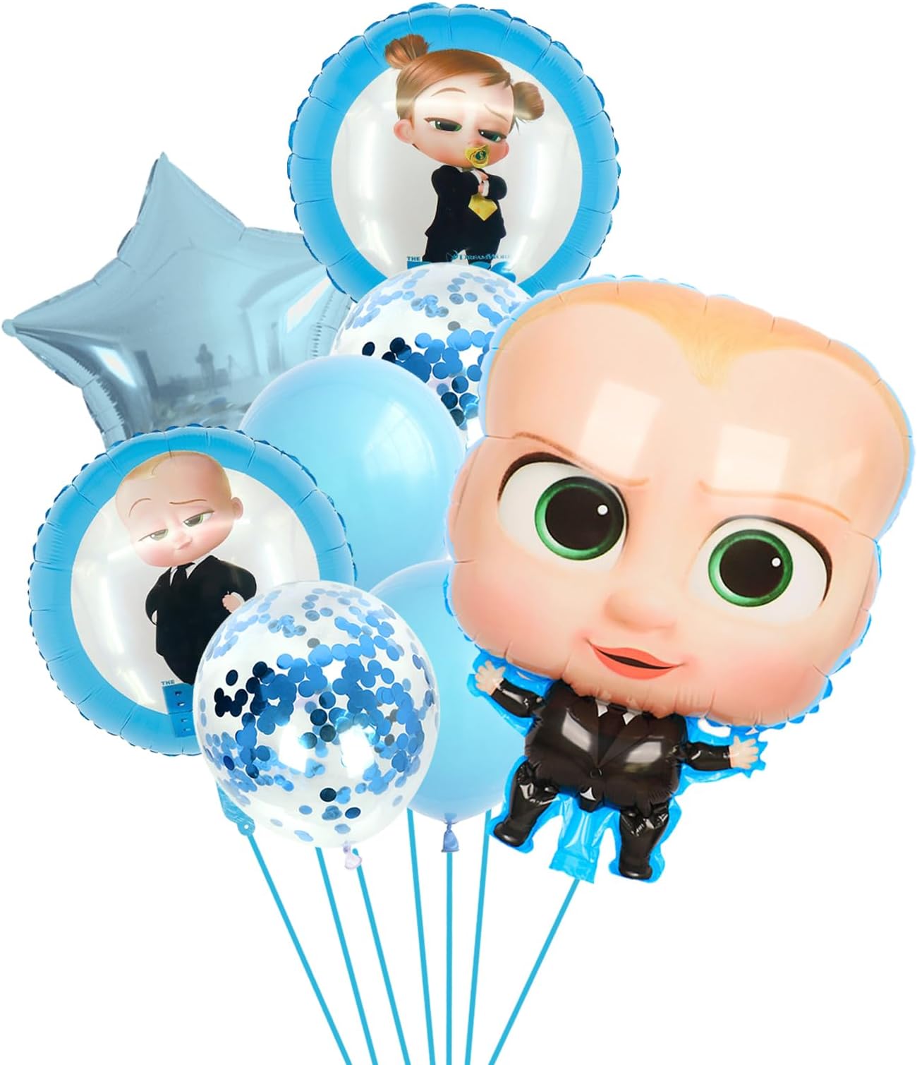 8pcs Baby Boss Birthday Balloons, Blue & White Set Party Decoration With Character Shape, Star Shaped Round Aluminum Foil Balloons, Suitable for Kids Boy Birthday Party Gifts