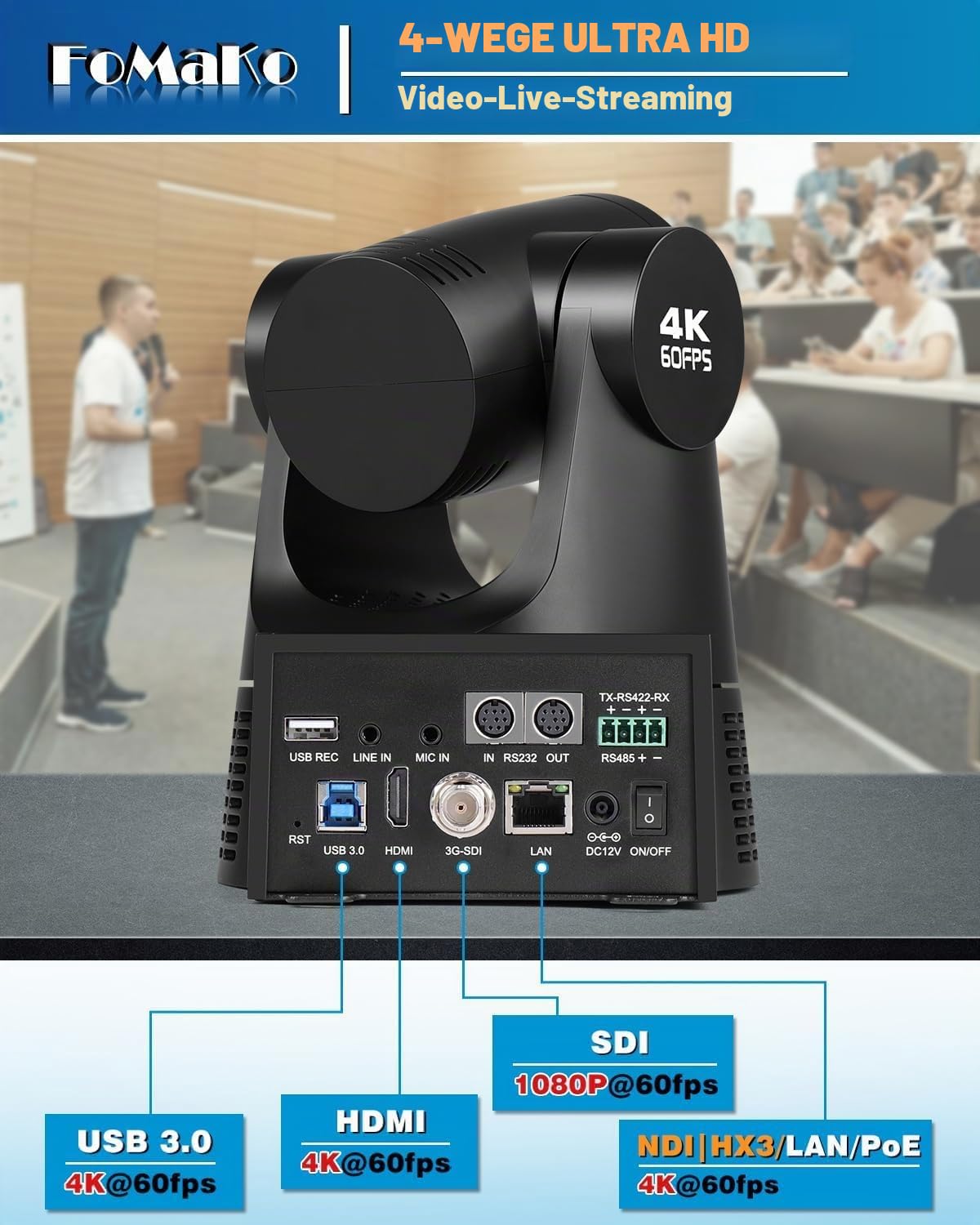 FoMaKo 4K 60FPS NDI HX3 PTZ Kamera, 30x Optischer Zoom, NDI-Ausgang 4K@60, KI-Auto-Tracking, 3G-SDI HDMI2.0 LAN PoE USB3.0, Professionelle NDI-Live-Streaming-PTZ-Kamera (K630N)