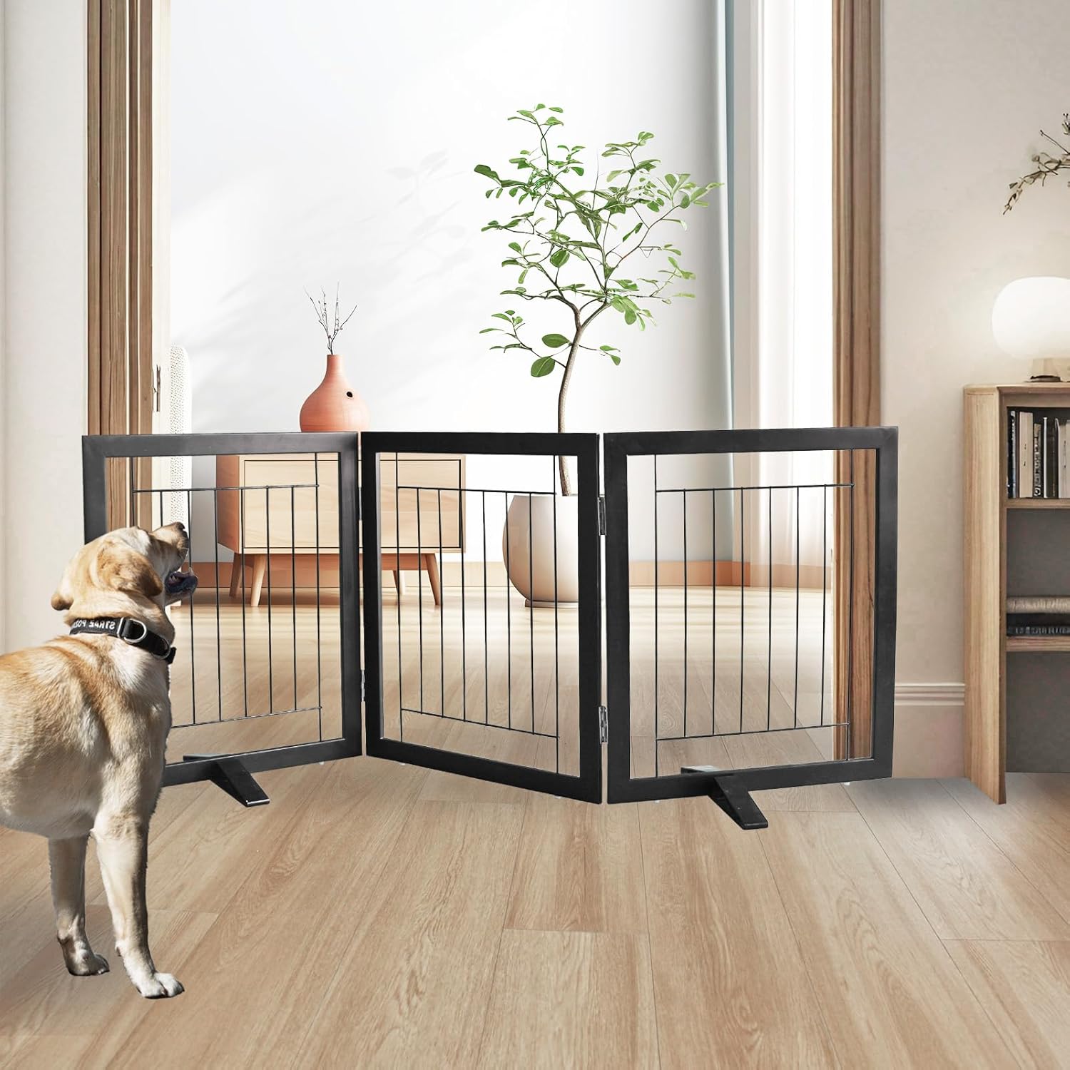 ZJSF Freestanding Dog Gate, Foldable Indoor Pet Fence for Doorways and Stairs, Extra Wide, Black, 24" Height, 3 Panels