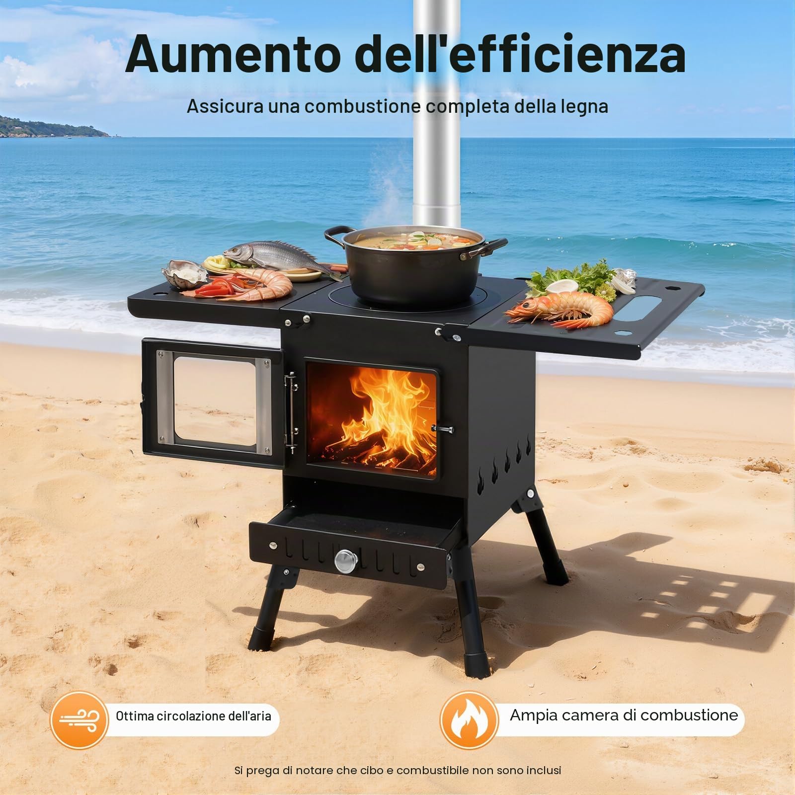 Stufa a legna, stufa a legna portatile per tende, fornello da campeggio con gambe pieghevoli e tubi per camino, per esterni, campeggio, cucina