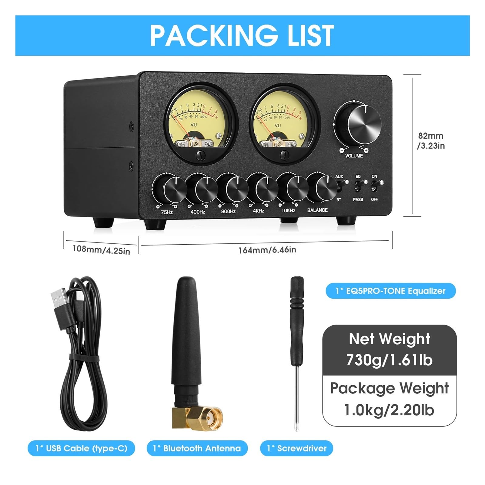 EQ5 PRO Mini 5-Band EQ preamplifier Stereo Equalizer Home Desktop Audio Processor with VU Meter