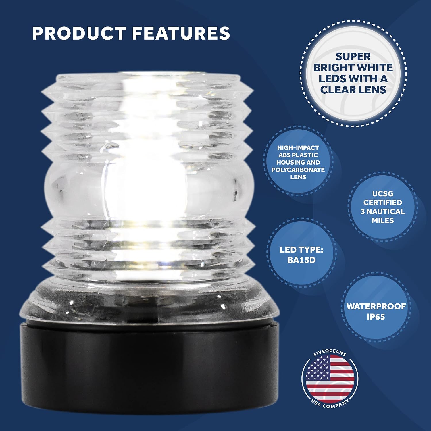 Five Oceans Stern Light, Anchor Light, LED Boat Navigation Lights, 12V DC, USCG 3NM Certified, 3 Inch Surface Fixed Mount, for Pontoon, Fishing Boats, Bass Boats, Sport Boats - FO3838