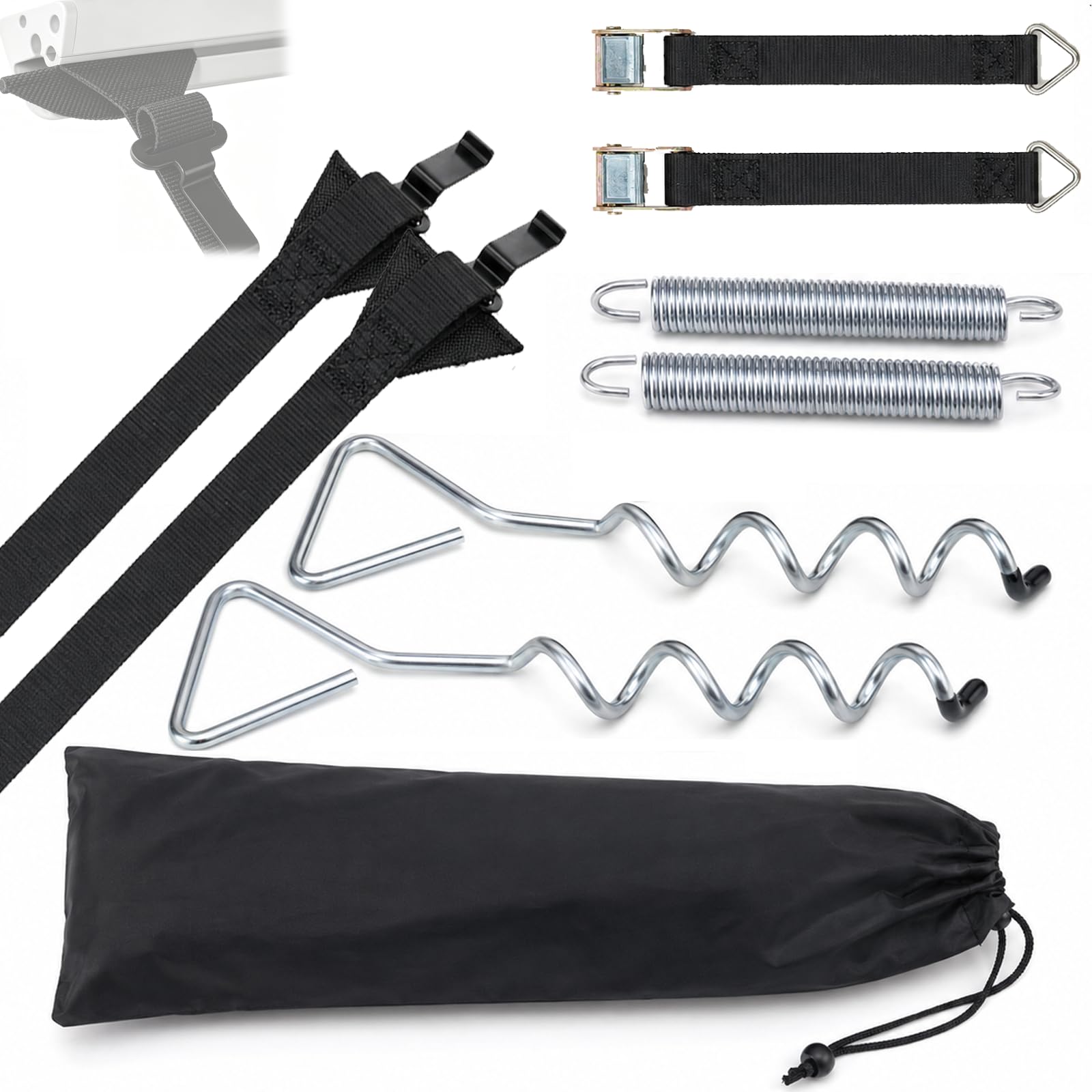 Sturmband Markise Set, 2,4 m Gurte, 2 Spiralanker und 2 Federn | 2,5 cm breite Gurte mit Haken und Tasche für Wohnmobil- und Caravan-Markisen, kompatibel mit Thule Omnistor