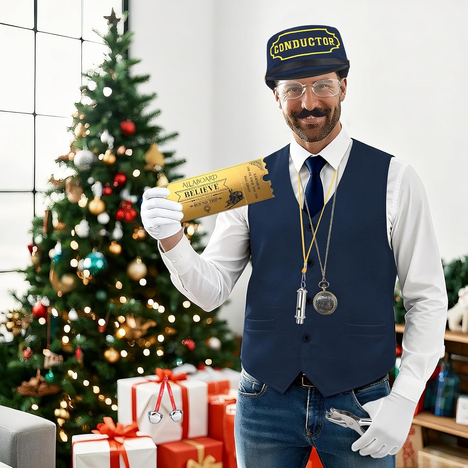 21 Pcs Train Conductor Costume Adult, Conductor Hat Vest Whistle, Believe Bells Train Pocket Watch Christmas Holiday Sticker - Image 6