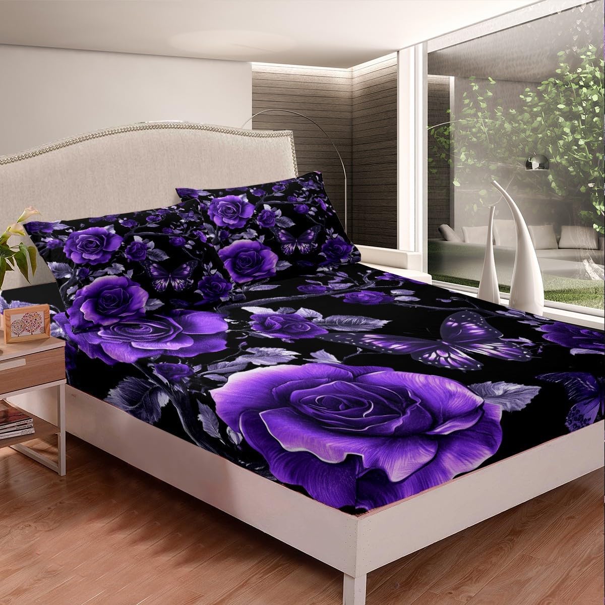 Purple Floral Animals Full Size Fitted Sheet No Top Sheet,Rose Botanical Branch Flowers 3 Pieces Kids Teenager Room Decor Butterfly Rose Pocket 2 Pillowcases
