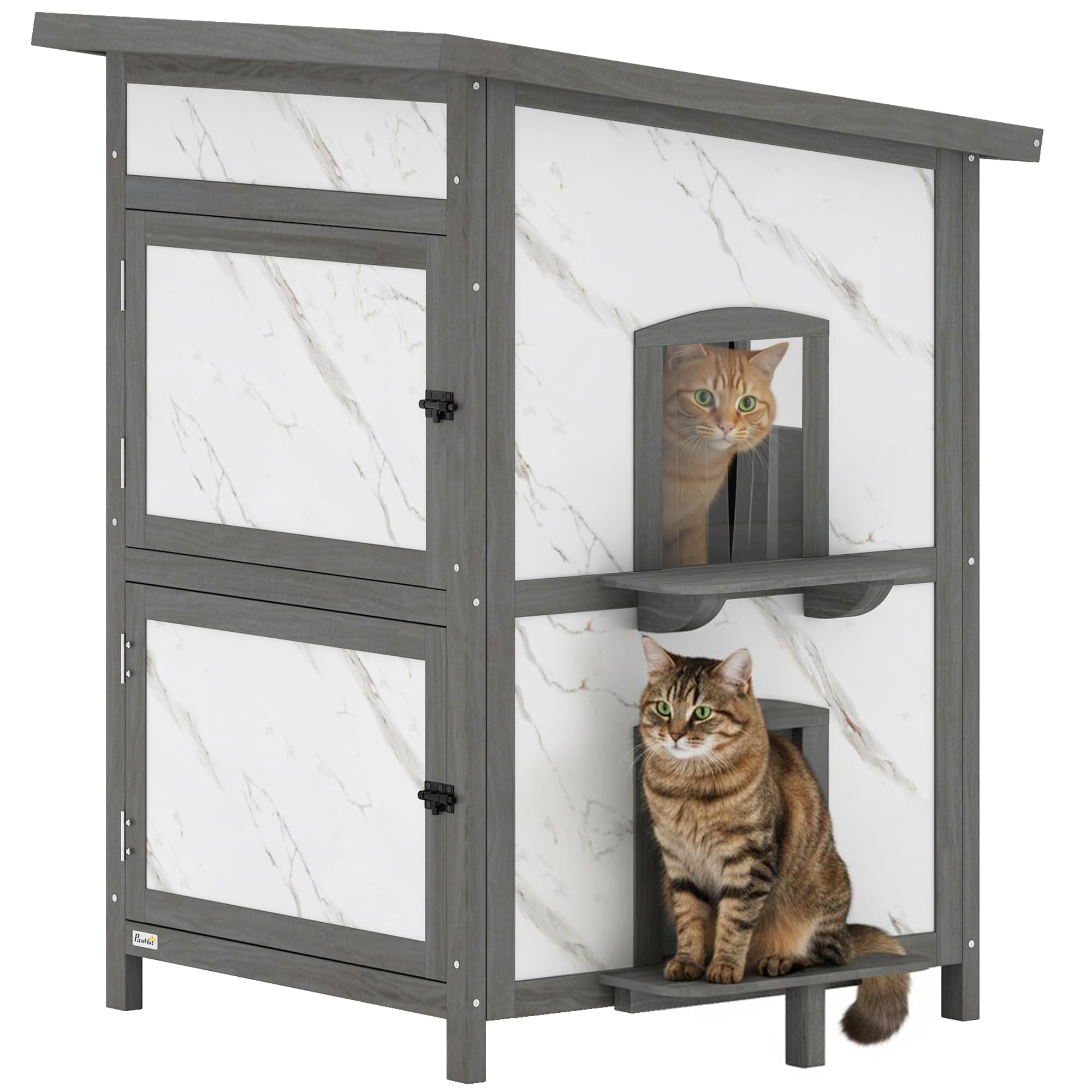 Casa de Madera para Gatos PawHut, casa para Gatos aislada de 2 Pisos para Exteriores con Ventana, Varias Puertas, Techo Repelente al Agua, Cueva para Gatos Caja para Gatos para Exteriores, 60 x 60 x