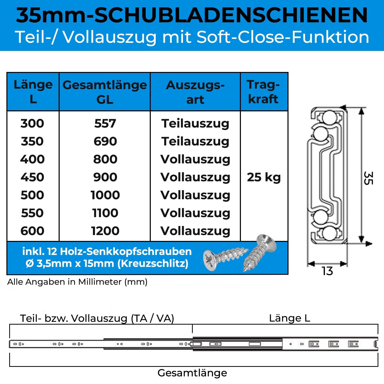 Stahlia Schubladenschienen Softclose 35mm (4 Stück) Länge: 500mm Vollauszug Schubladenauszug Auszugsschienen Softclose Scharnier Laufschiene Schrankauszug