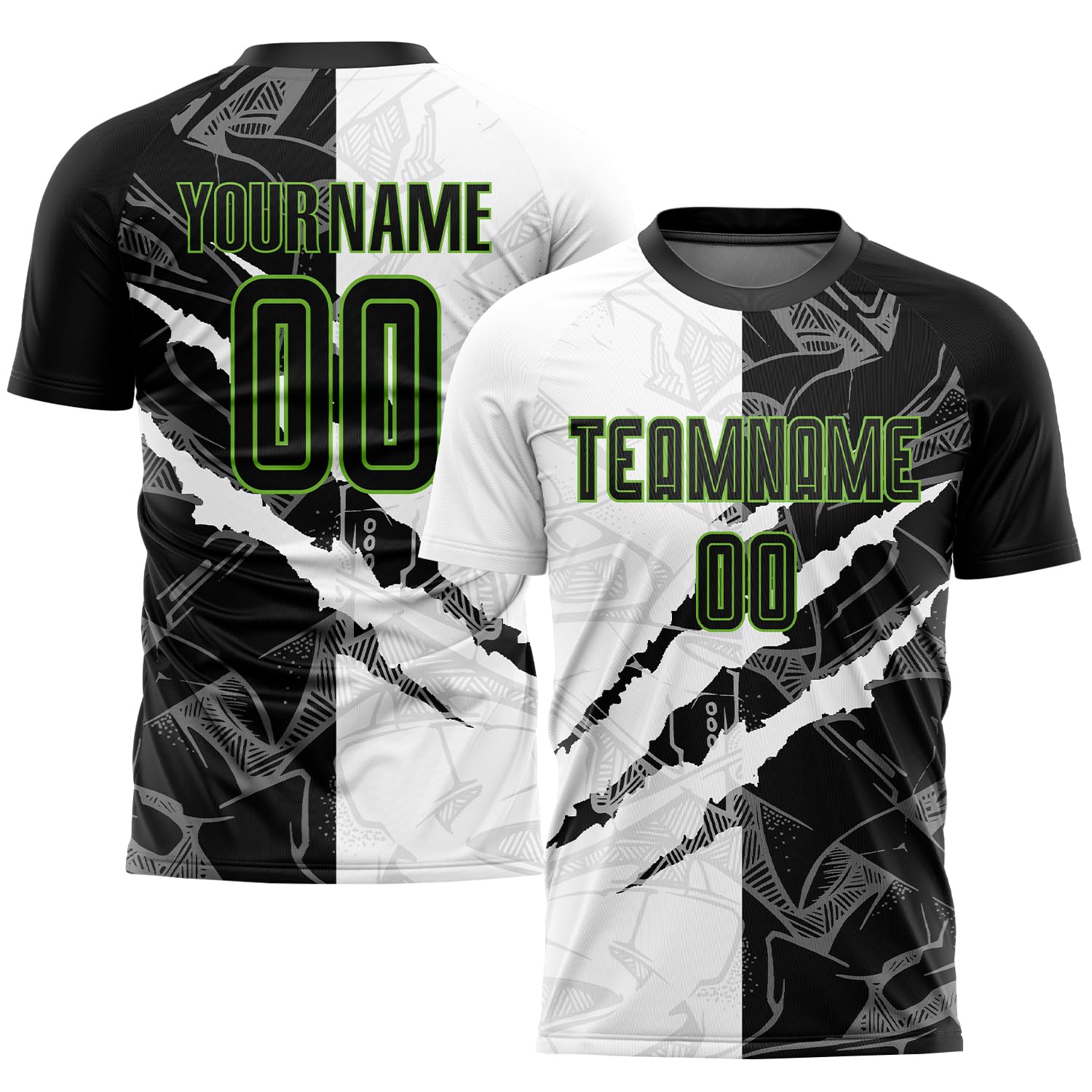 Custom Scratch Black and White Soccer Uniforms Printed Green Name Number, Personalized Sports T Shirts and Shorts for Men Youth Women Boys Girls, Design Your Own Casual Tees with Name Number Logos