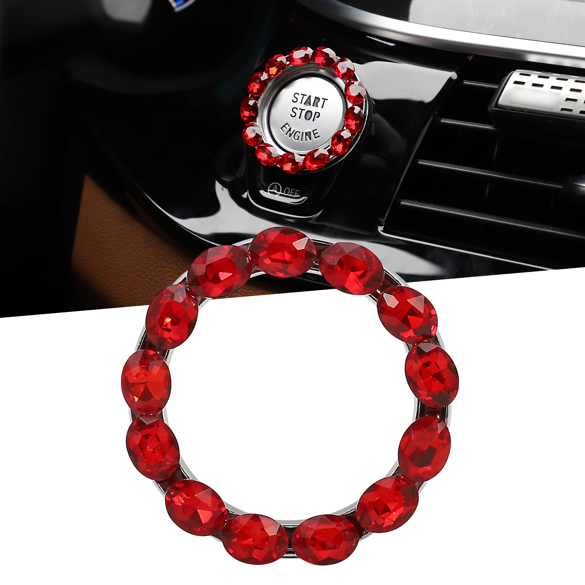 TOMALL Bling Car Engine Start Button Cover Bling Interior Crystal Push Start Button Ring Cap Sparkly Accessories Ignition Ring Rhinestone Engine Start Stop Trim Decorations Universal for Car (Red)