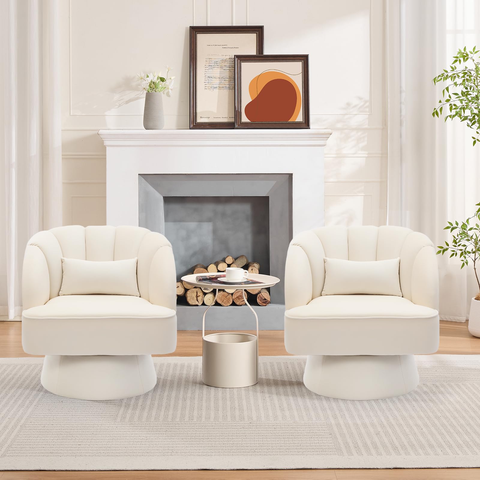Garvee Bequemer 360° drehbarer Lounge Sessel aus Samt – Moderner runder Akzentstuhl mit Armlehnen – Barrel Club Chair für Wohnzimmer, Schlafzimmer, Lesebereich, Büro – Samt | Beige