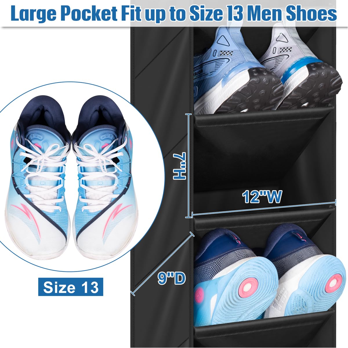 SLEEPING LAMB Paquete de 2 organizadores de zapatos estrechos sobre la puerta con 8 bolsillos grandes profundos, zapatero colgante para almacenamiento en puerta de armario para botas, tenis (negro)
