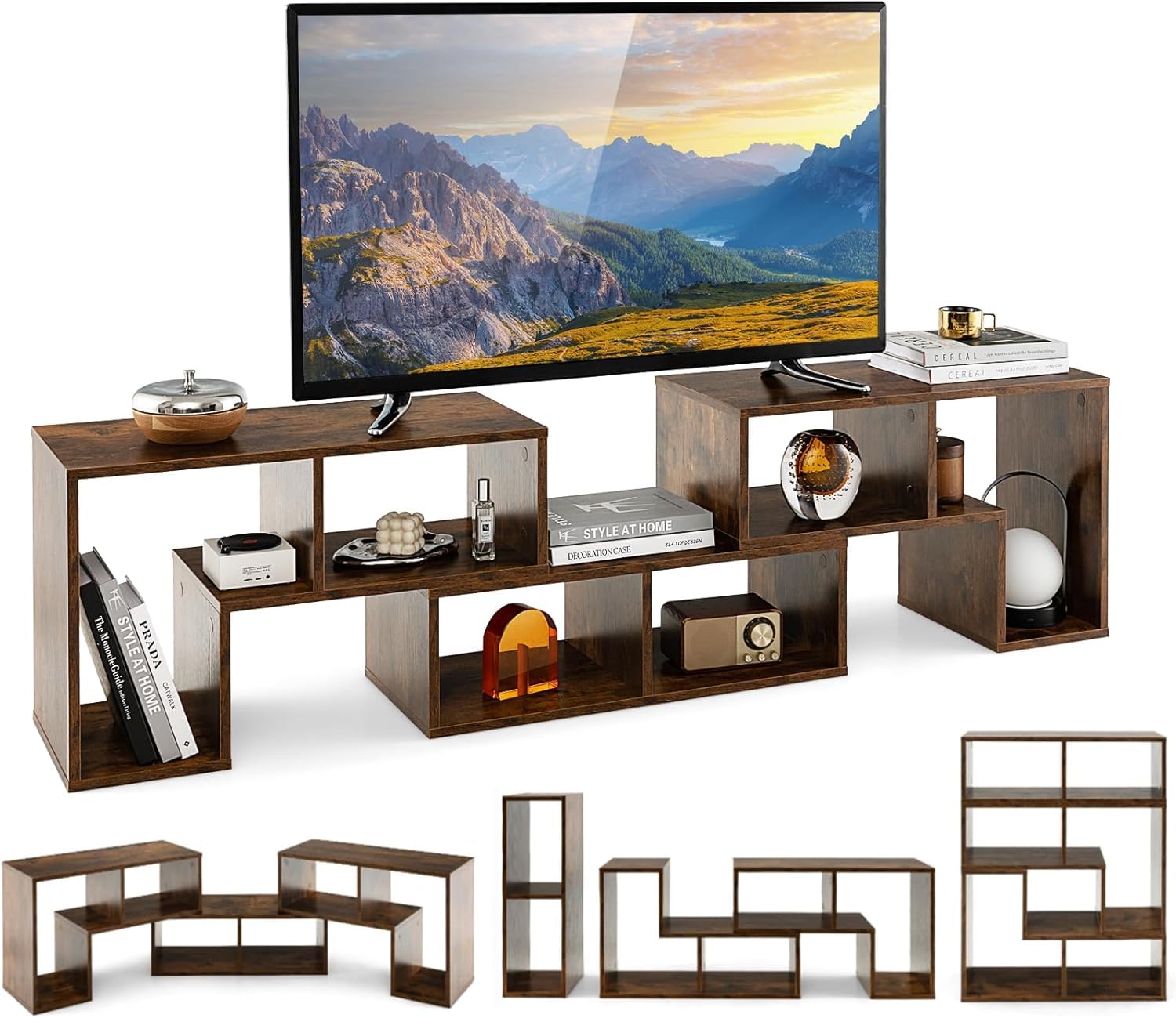 GIANTEX Mueble de TV Combinado Libre con Estantes Abiertos, para TV hasta 65 Pulgadas, Soporte de TV Multifuncional de Madera, para Salón, Dormitorio, 134-180x30x43 cm (Marrón, 3 Piezas)