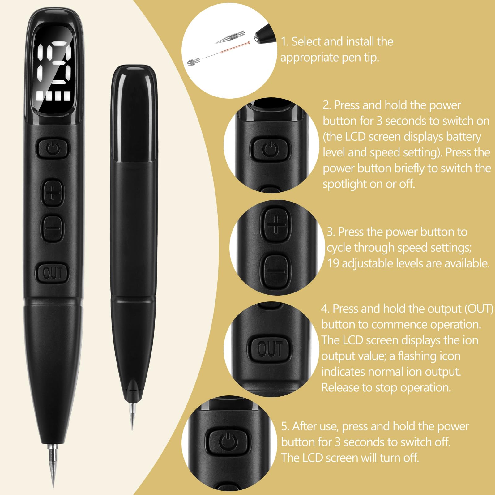 Sicura e Penna al Plasma, Rimuove Voglie Verruche Skin Tag Remover con 19 Livelli Regolabili e Luce LED, Strumento Dermatologico Ricaricabile Portatile per Nei, Verruche, Lentiggini, Macchie Scure