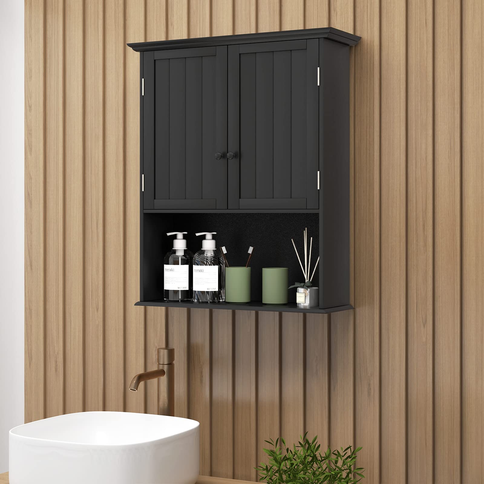 GIANTEX Armoire Salle de Bain Suspendue en Bois, Armoire Murale avec 2 Porte, Étagère Réglable, Compartiment Ouvert, Placard Murale pour Toilette, Cuisine, Entrée, 60 x 20 x 71 CM (Noire)