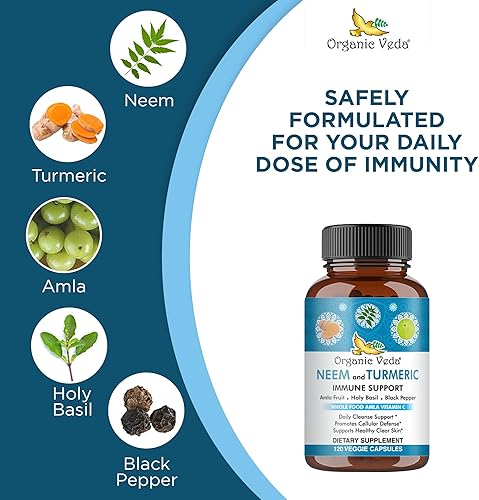 Miniatura 3 de Organic Veda Cápsulas de neem y cúrcuma con fruta amla, tulsi, albahaca santa, extracto de pimienta negra, suplemento dietético de apoyo