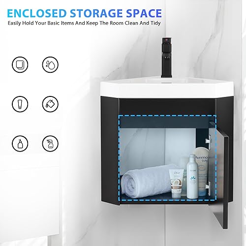 Miniatura 4 de eclife Combo de lavabo de baño esquinero de 22 pulgadas para espacio pequeño, armario flotante montado en la pared con fregadero de resina blanca y