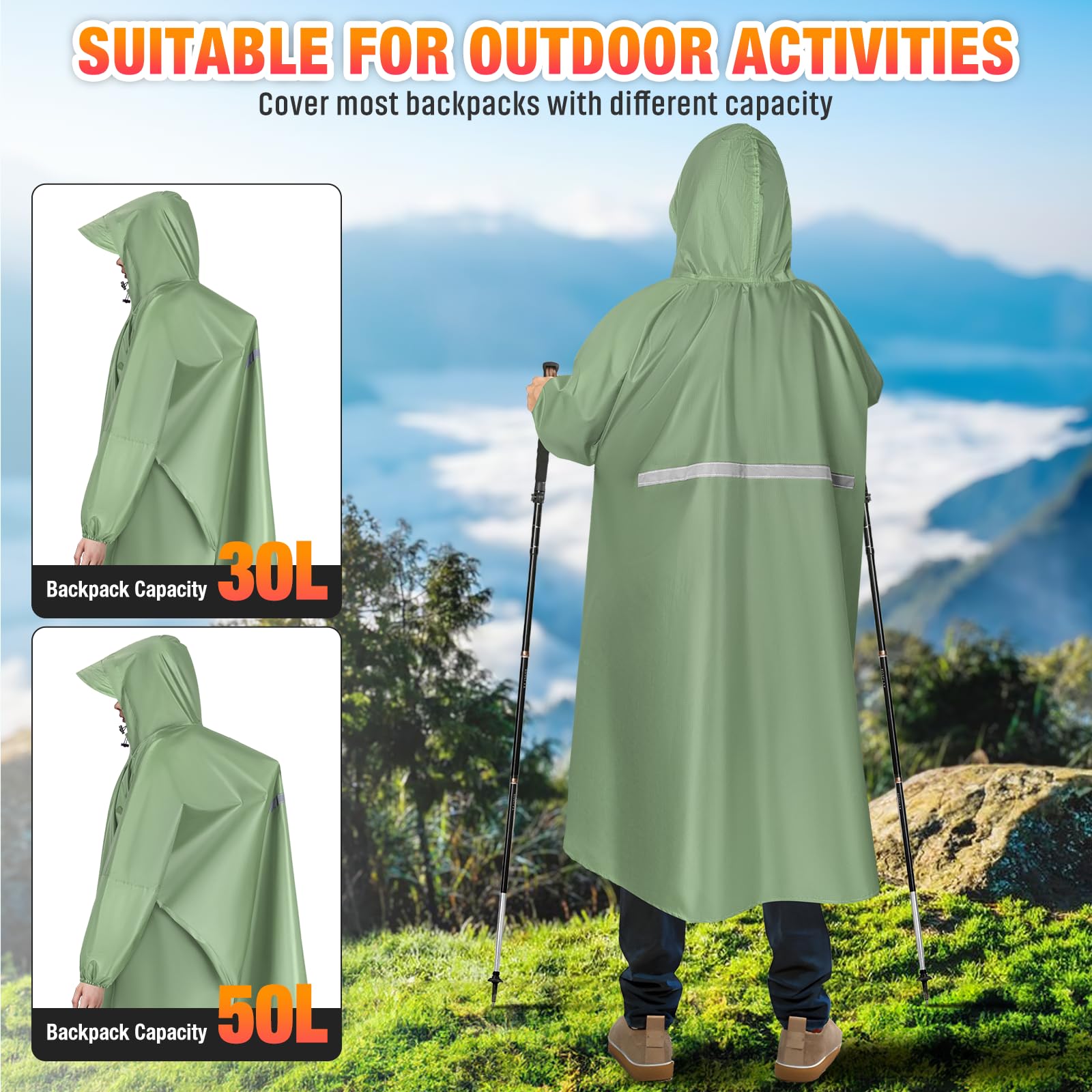 LUROON Leichter Wasserdichter Regenponcho Regenjacke Damen Herren mit Kapuze Faltbare Regencape Fahrrad mit Taschen Reflexstreifen, Wiederverwendbar Regenmantel für Wandern Angeln Radfahren Reisen