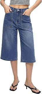 luvamia Capri Jeans for Women Wide Leg Trendy High Waisted Casual Summer Stretchy Denim Culottes Capri Pants with Pocket