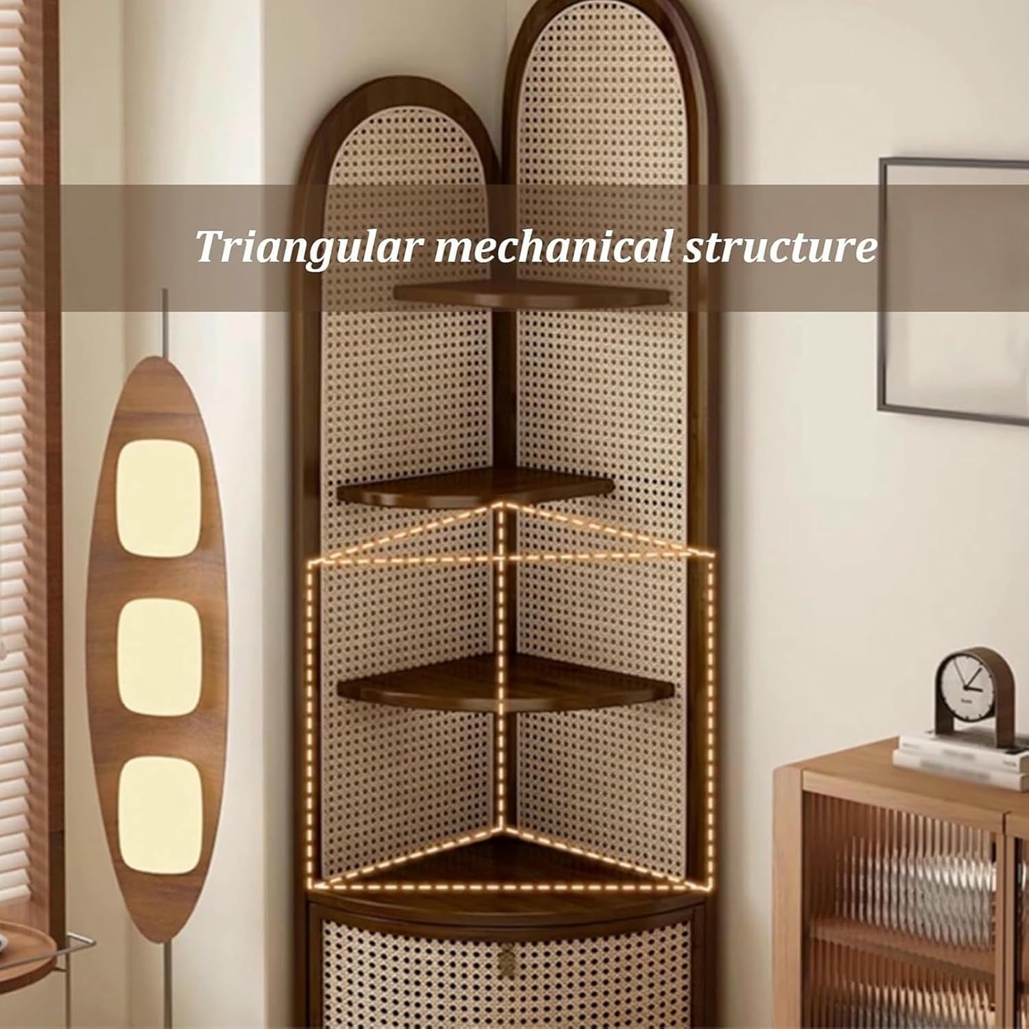 4-Tier Rattan Corner Shelf Stand with Wheels, Multi-Functional Bookshelf Storage Basket, Stylish Floor-Standing Display for Bedroom & Living Room