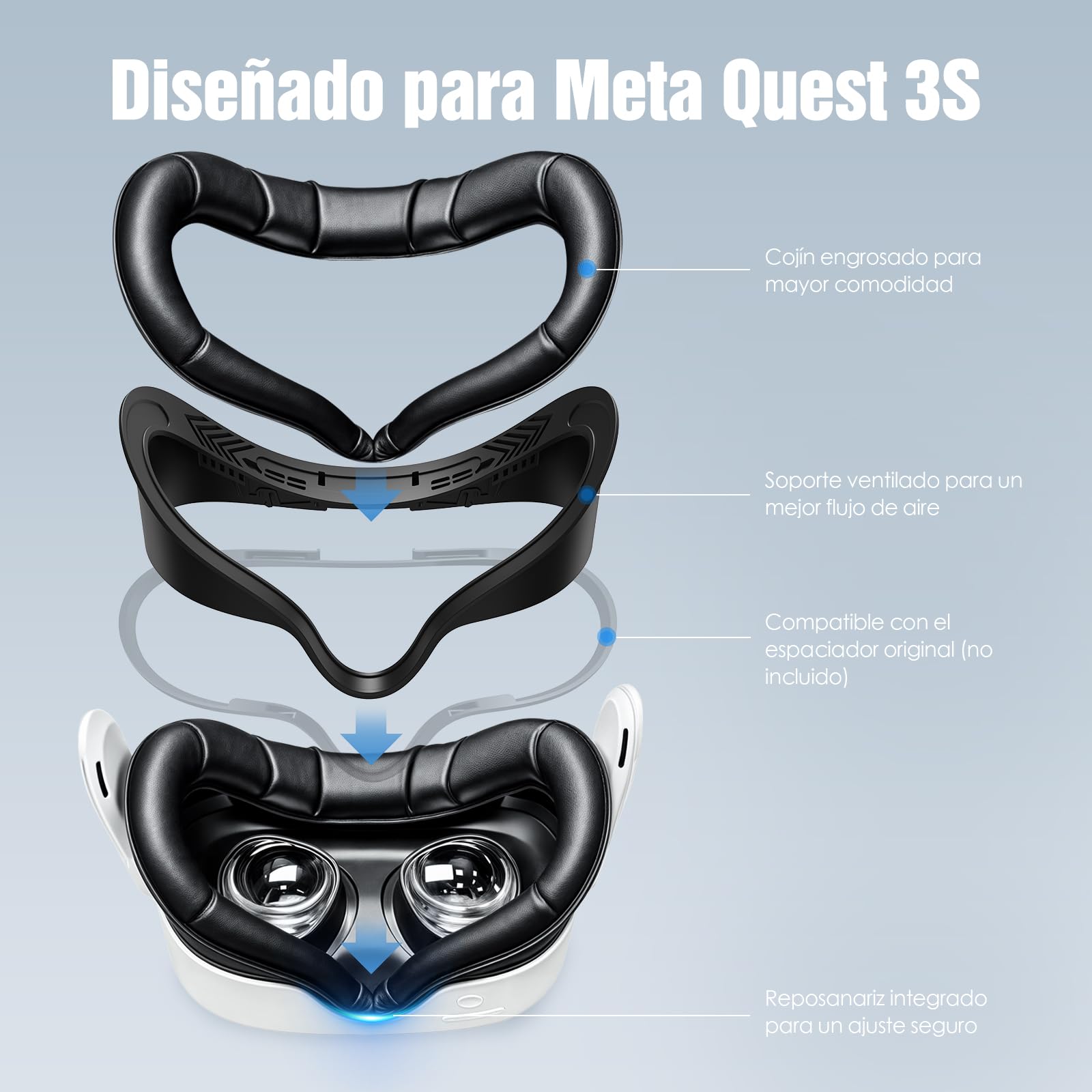 SUPERUS Interfaz Facial Face Cover Pad para Quest 3S, Cubierta de Interfaz Facial de Cuero PU Suave Compatible con Meta/Oculus Quest 3S Accesorios, Diseño Integrado Antifugas de Luz (No para Quest 3)