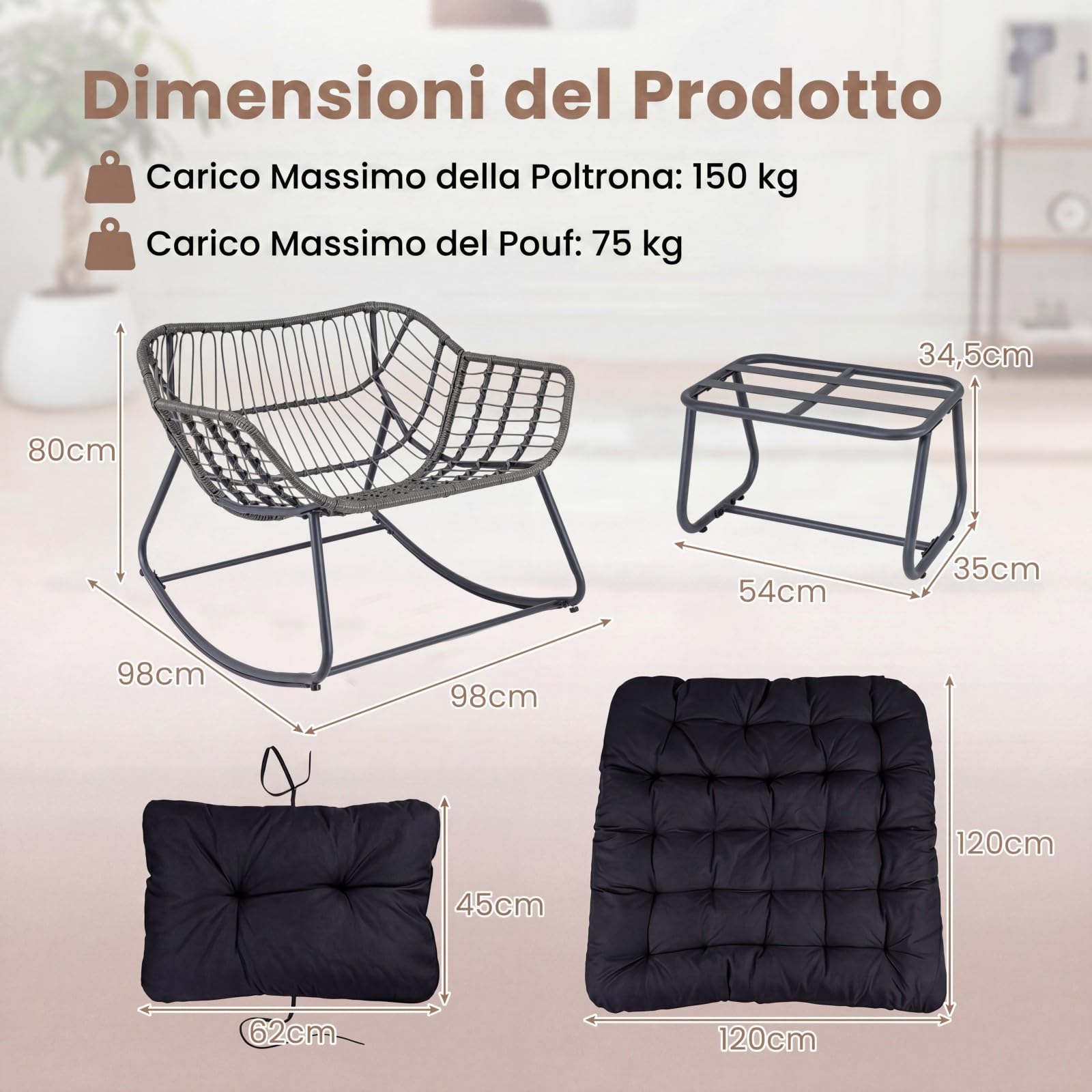 COSTWAY Sedia a Dondolo da Interno ed Esterno, Poltrona a Dondolo con Poggiapiedi e Cuscini Rimovibili, Poltrona Relax in Rattan con Telaio in Metallo per Soggiorno e Giardino, Portata 150 kg (Nero)