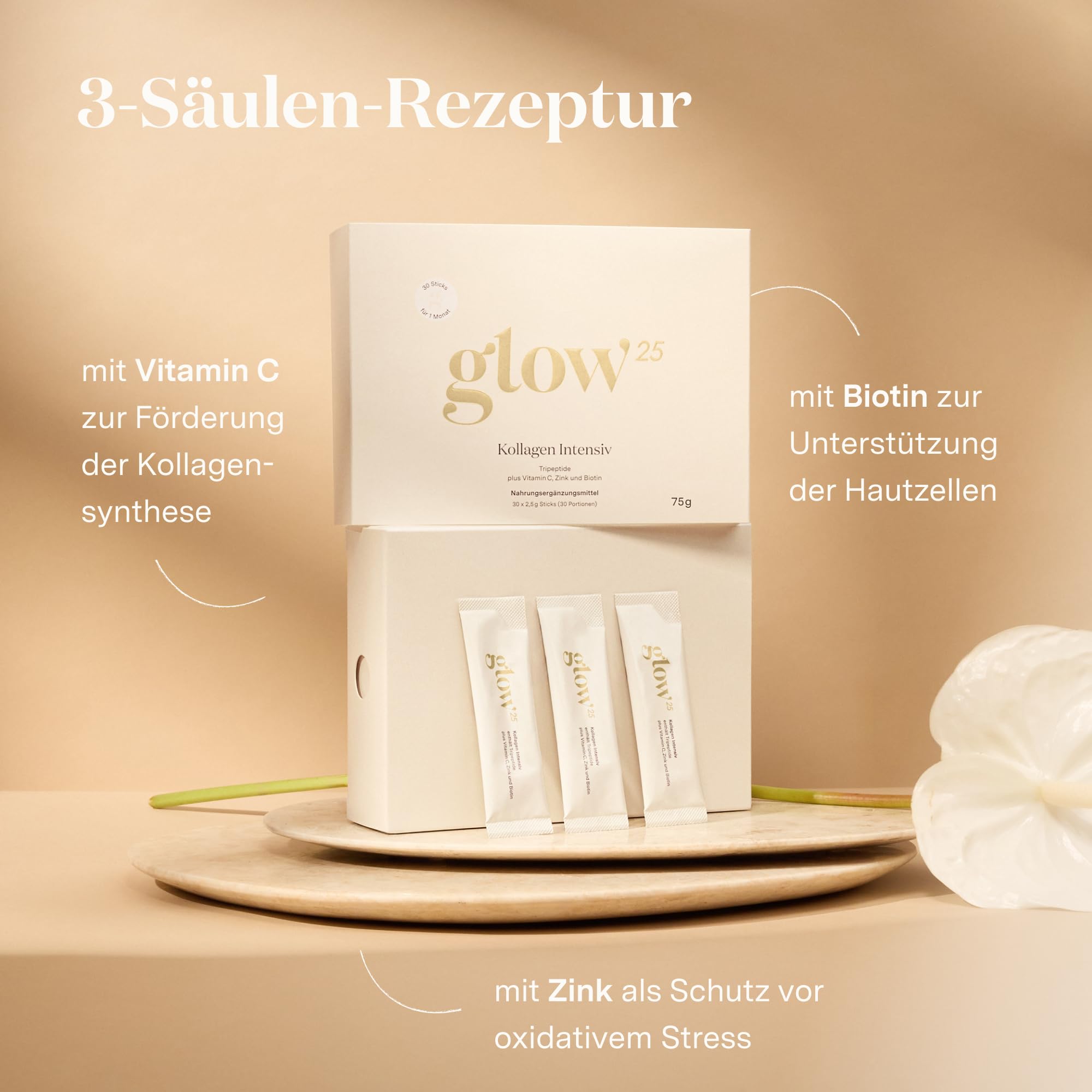 Glow25® Kollagen Intensiv [30 Sticks] – mit Tripeptiden, Vitamin C, Zink und Biotin – Premium Marine Collagen Hydrolysat – Peptide Typ 1 und 3 – Gute Löslichkeit