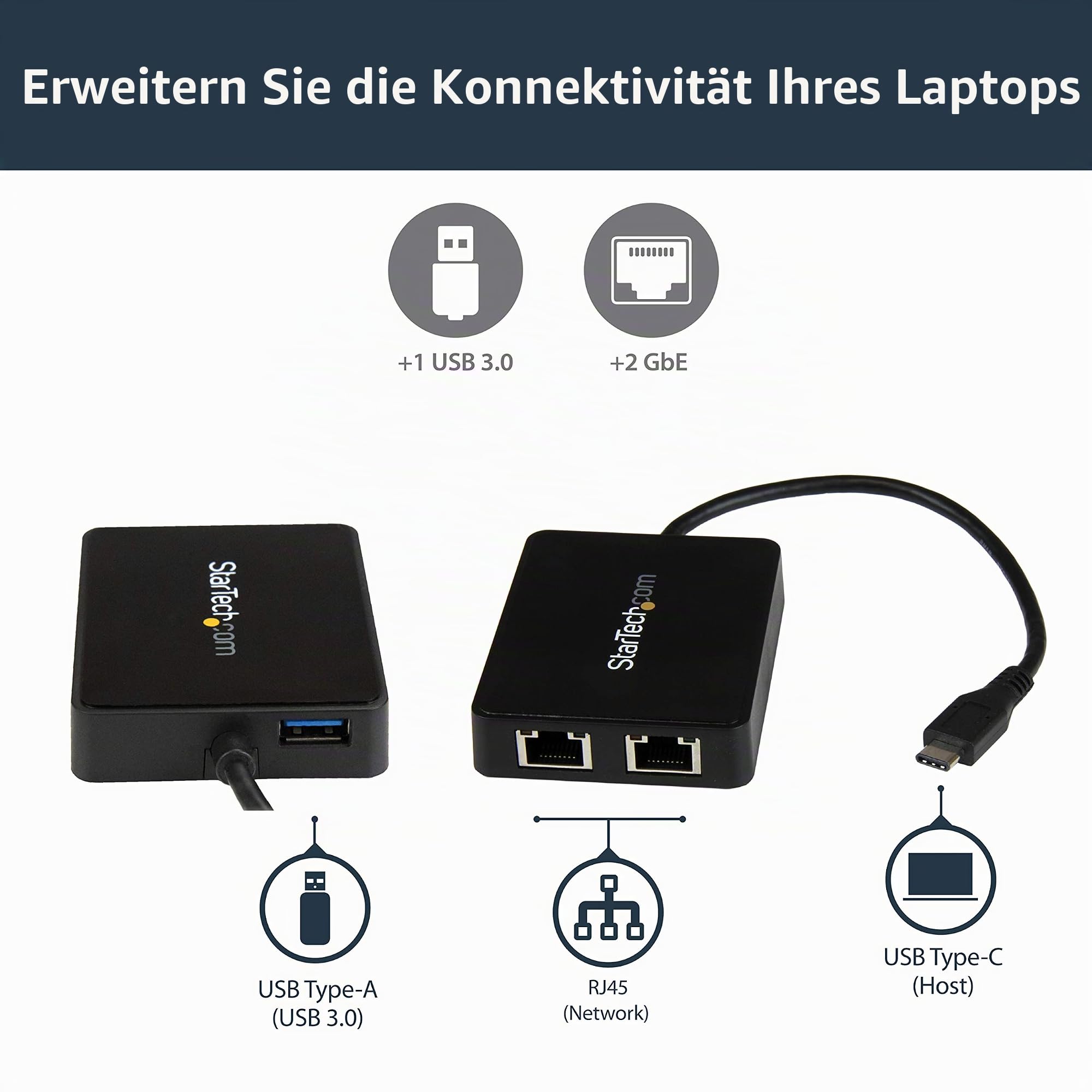 StarTech US1GC301AU2R Aufrüstsets schwarz | Netzwerkadapter, Dual RJ45 LAN, NIC, USB 3.0, ASIX AX88179A, Thunderbolt 3, Wake-on-LAN, VLAN