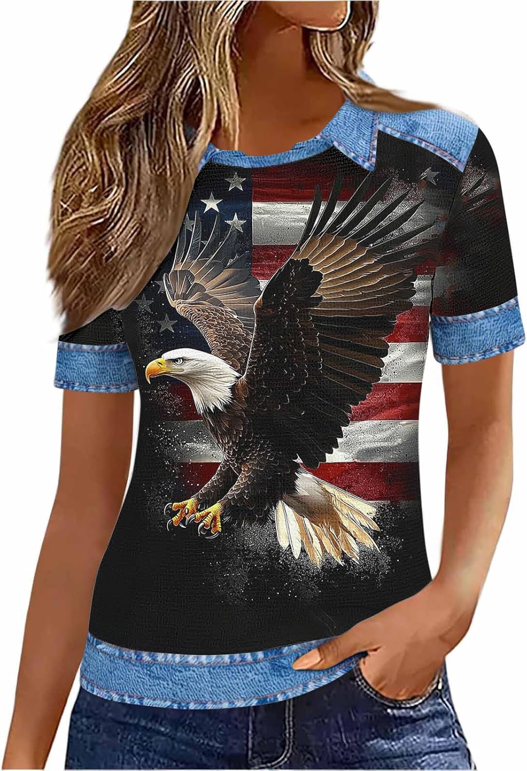 Henley Shirts for Women V Neck Button Short Sleeve Flag Graphic Tops Casual BOH Tees Independence Day Shirt