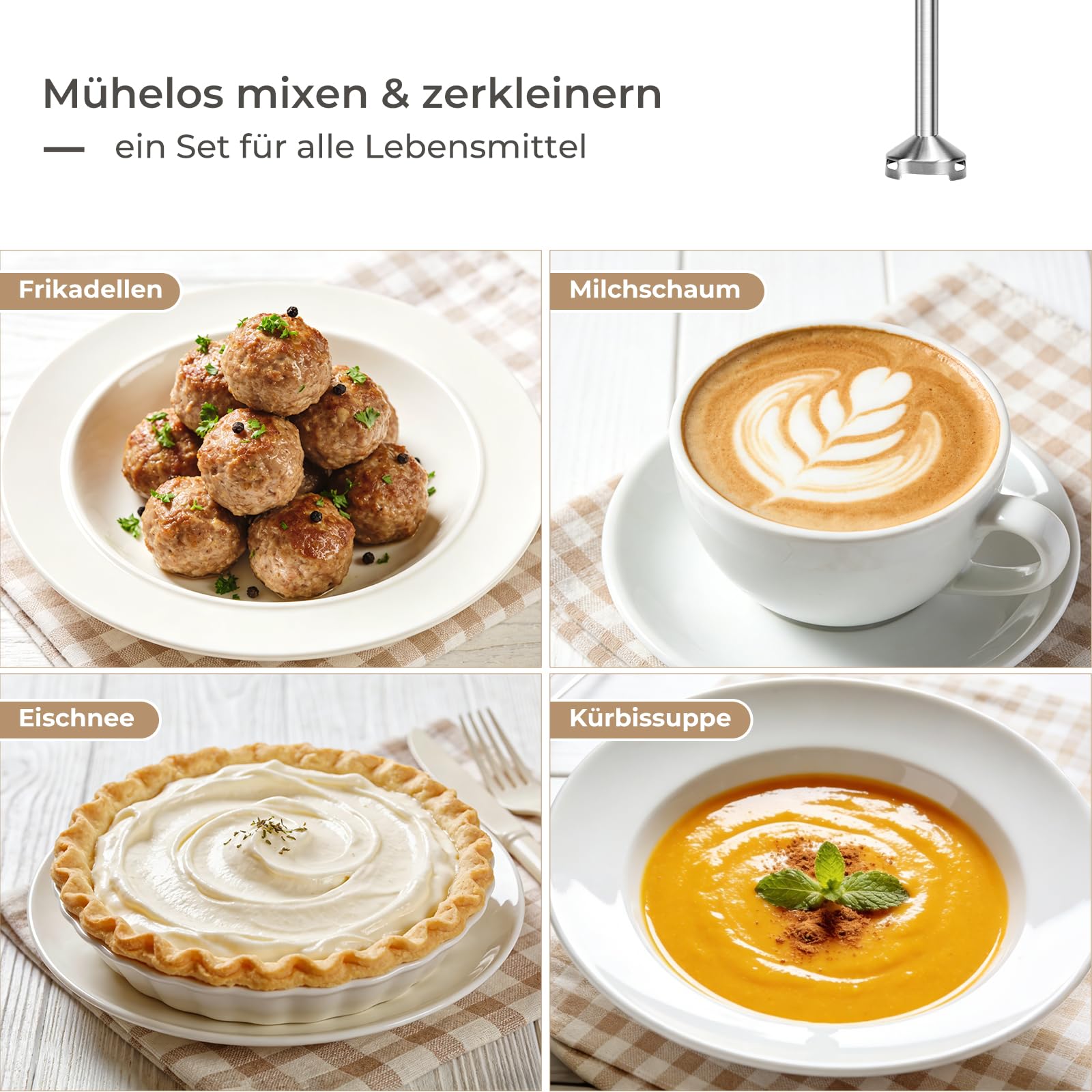 Stabmixer Set 1200W mit 12 Geschwindigkeiten & Turbofunktion – Edelstahl Pürierstab für Suppen, Soße, Smoothies – inkl. 800 ml Messbecher, 600 ml Zerkleinerer & Milchaufschäumer – spülmaschinenfest