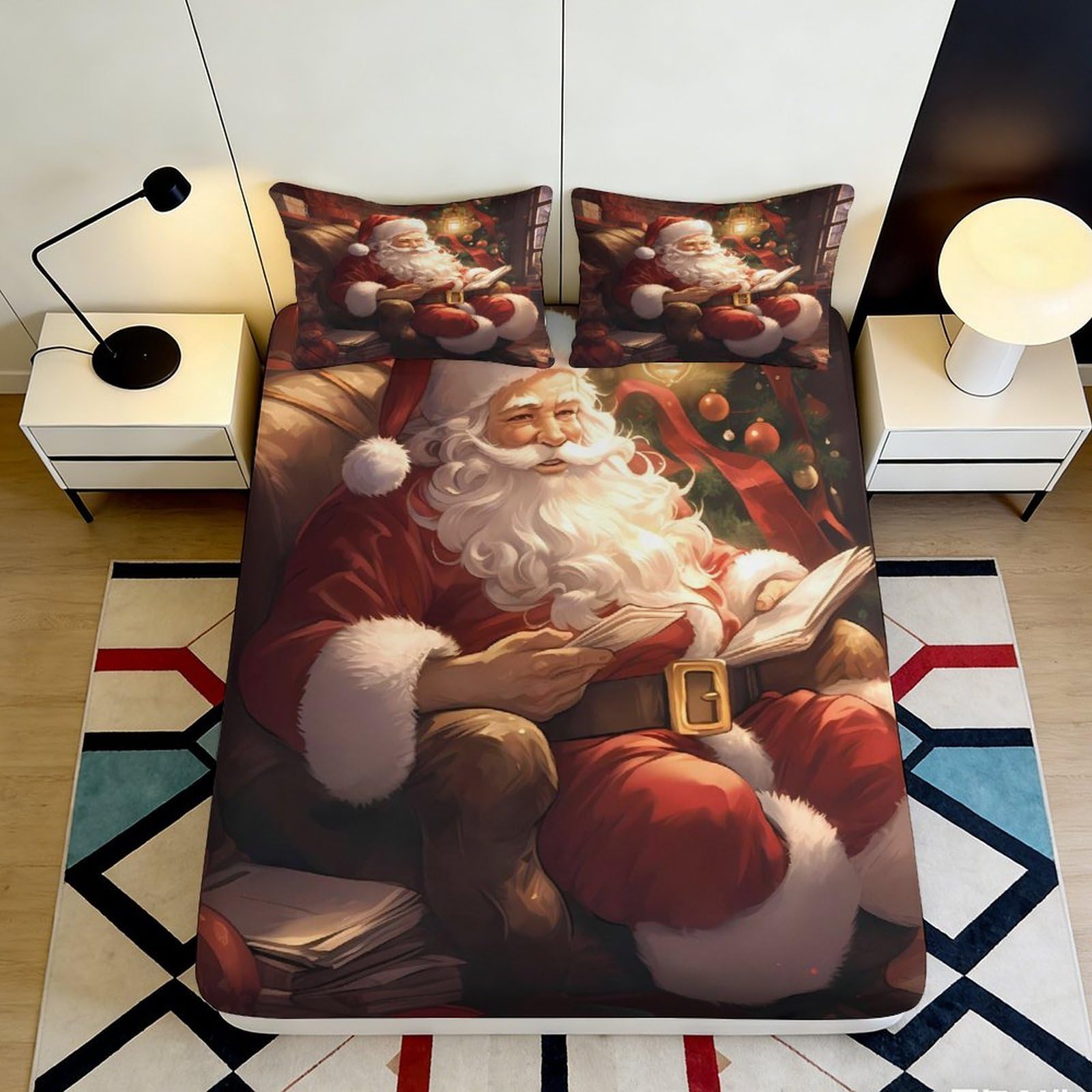 3D Printed Santa Claus Fitted Sheet Microfiber Soft Bed Sheet for Bedroom Guest Room Decor 90x200x25cm