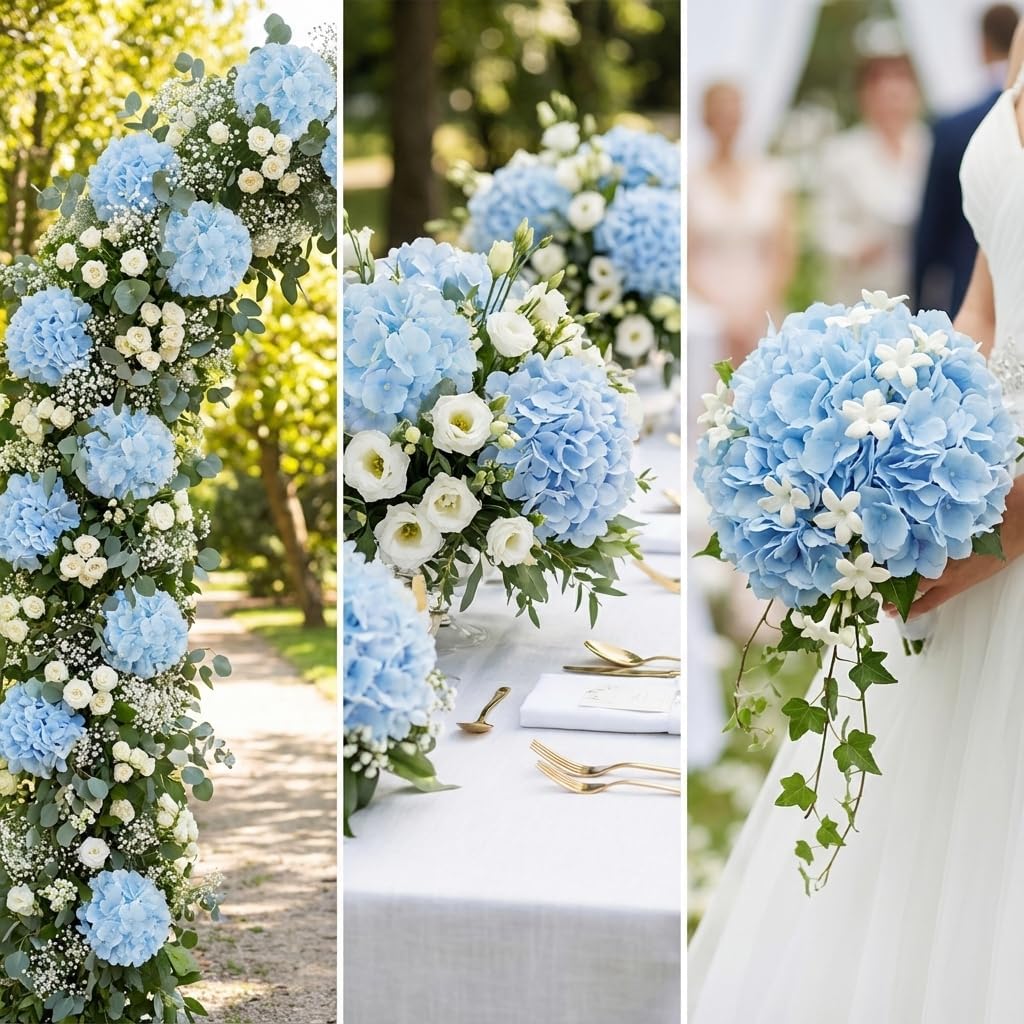 65PCS Blue Artificial Hydrangea Flowers Bulk with Stems, Silk Faux Hydrangea Heads for Nautical Theme Party