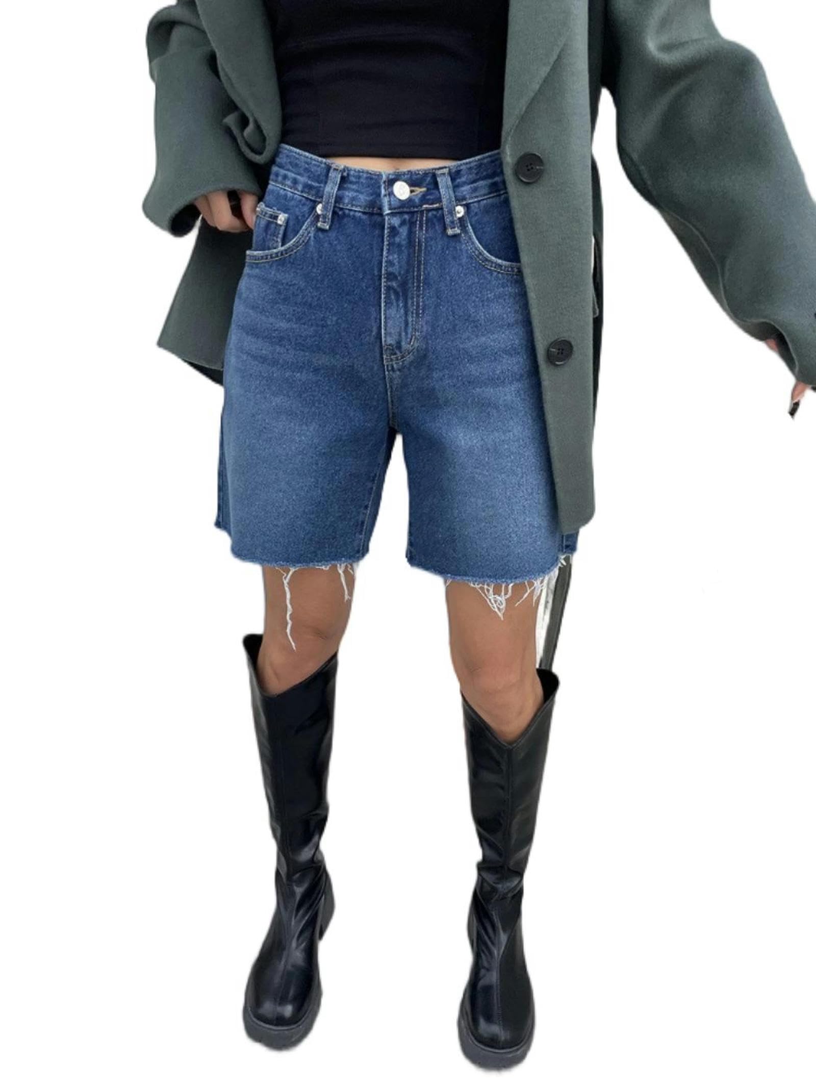 Short en jean taille haute à poches coupe confort d'été pour femme bleu