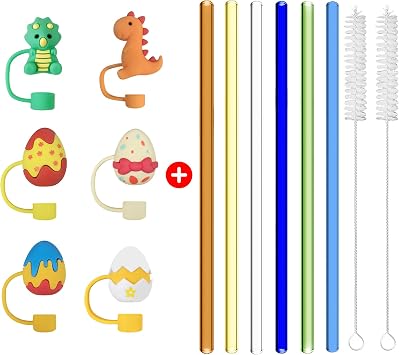 6PCS Easter Eggs Cover Cap with Reusable Colorful Glass Straws for Stanley Cup, Drinking Straws Size 11.8x10MM with 2 Cleaning Brushes, Silicone Dinosaur Cute Straw Topper