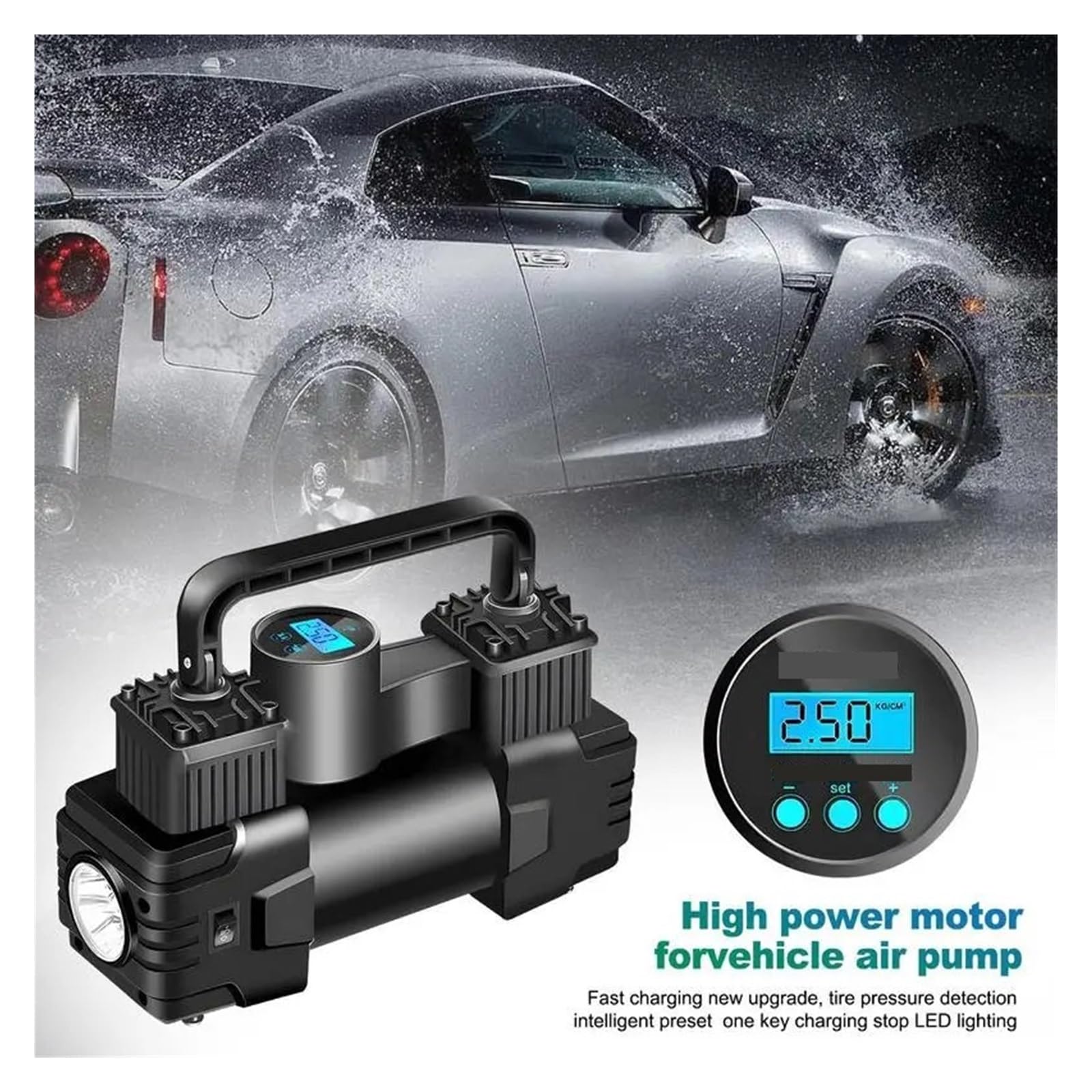 12V Pompa Powietrza W Oponach Samochodowych Wielofunkcyjna Inflacyjna Sprężarki LED Light Cyfrowy Wyświetlacz Pompka Do Opon Motocykla Natychmiastowa Inflacja(Digital display)