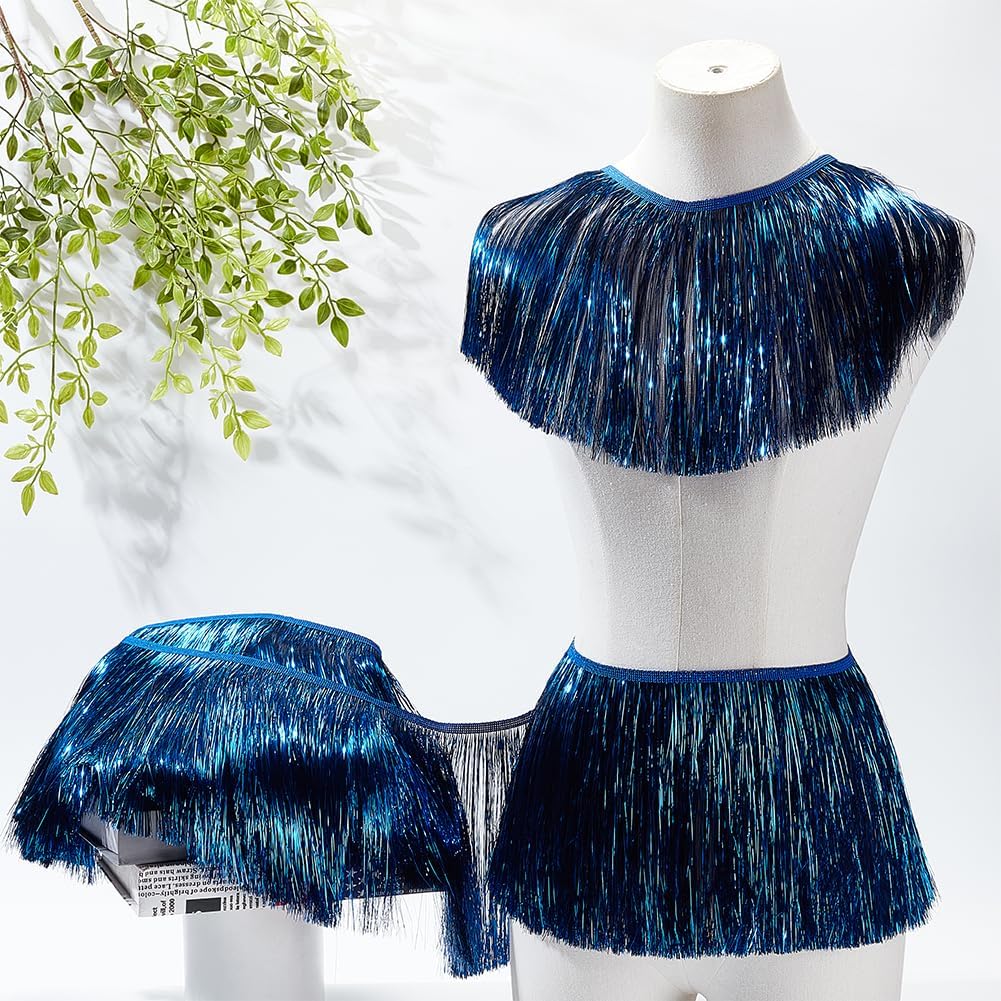 MAYJOYDIY 10Yards × 8Inch Blue Wide Metallic Fringe Trim, Shiny Tinsel Fringe Tinsel Trim Tassel Polyester Ribbon Trim for Dance Costume Dress Stage Clothes Party Decor DIY