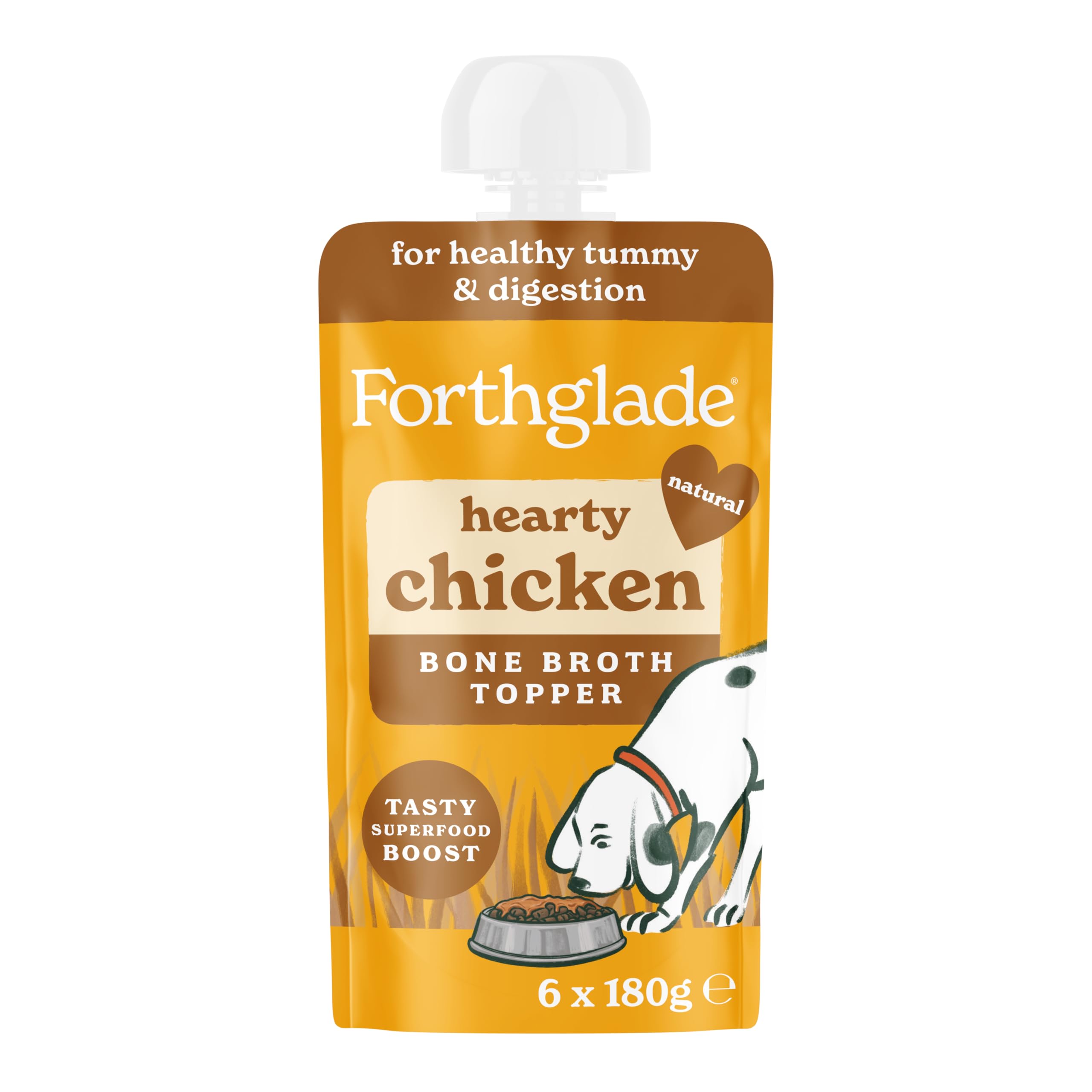 Forthglade Bone Broth for Dogs, Hearty Chicken (6 x 180g) Grain Free & Hypoallergenic, Natural Ingredients with Superfood Boost, Dry Dog Food Topper, Supports Everyday Well-Being, Ages 4+ Months