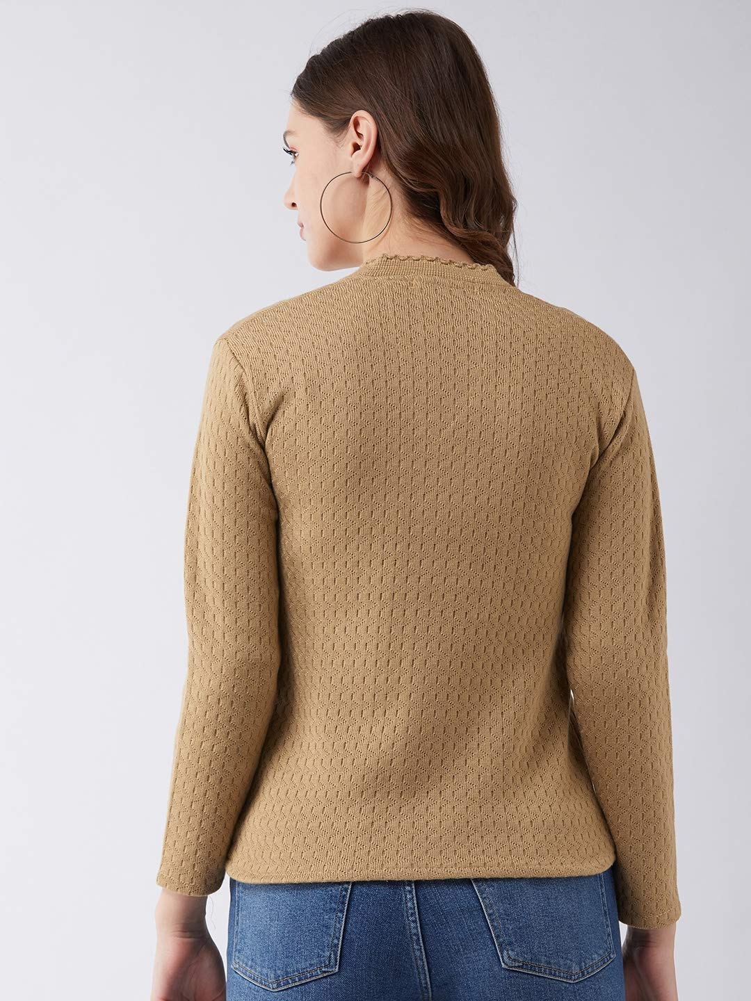 Pivl Self Design V Neck Casual Women Sweater (Large, Camel) - Image 5 thumbnail