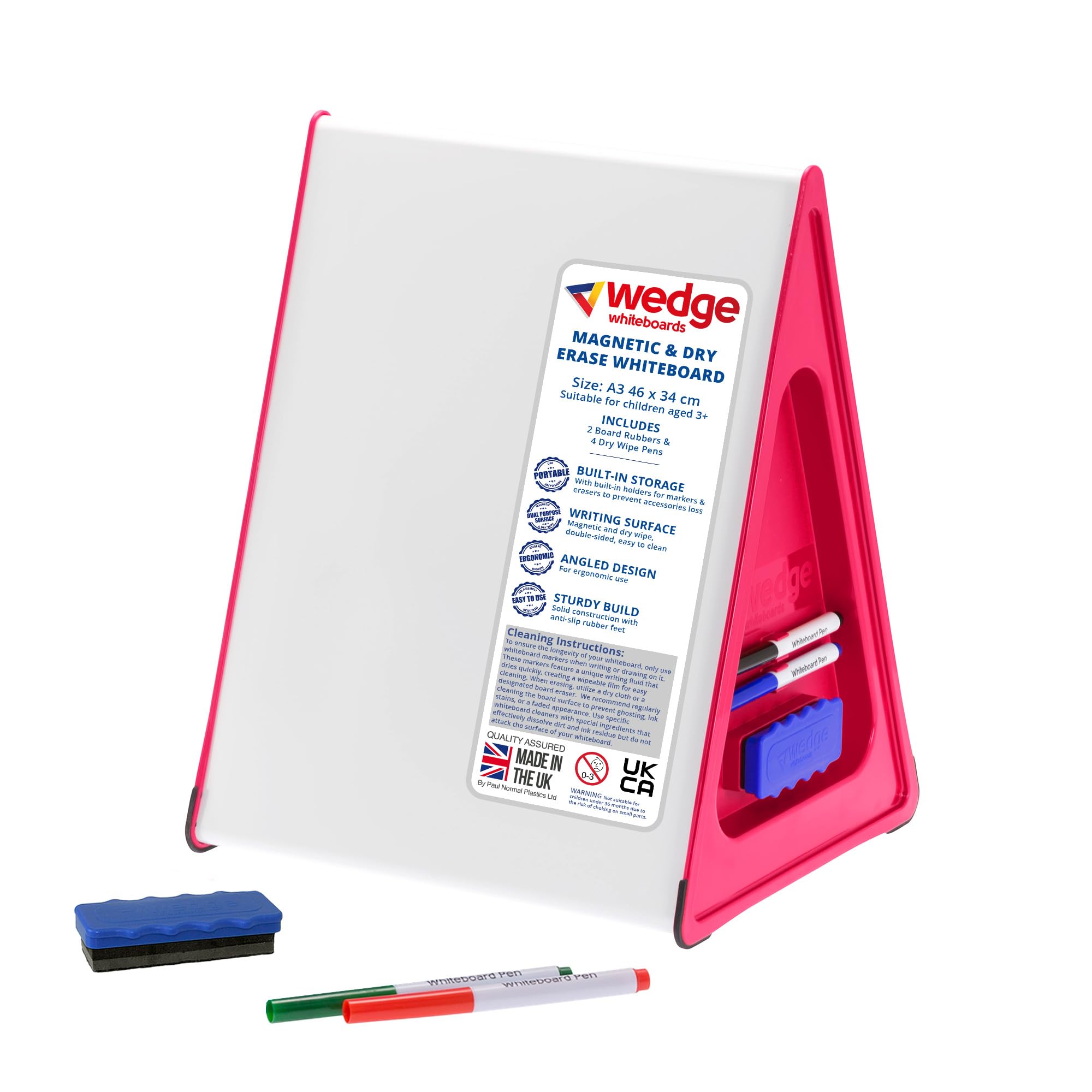 Wedge - Dry Erase Small Whiteboard A3 with Non-Slip Rubber Feet, Double Sided Magnetic Desktop White Board with 4 Pens, 2 Magnetic Erasers, Portable Writing Easel for Classroom & Home Ed Use (Pink)