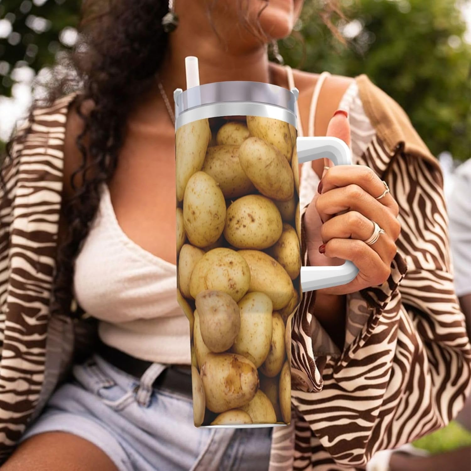 40 OZ Garden Potatoes Print Ice Bully Cup with Handle Straw Lid Straw,Stainless Steel Tumbler Coffee Cup