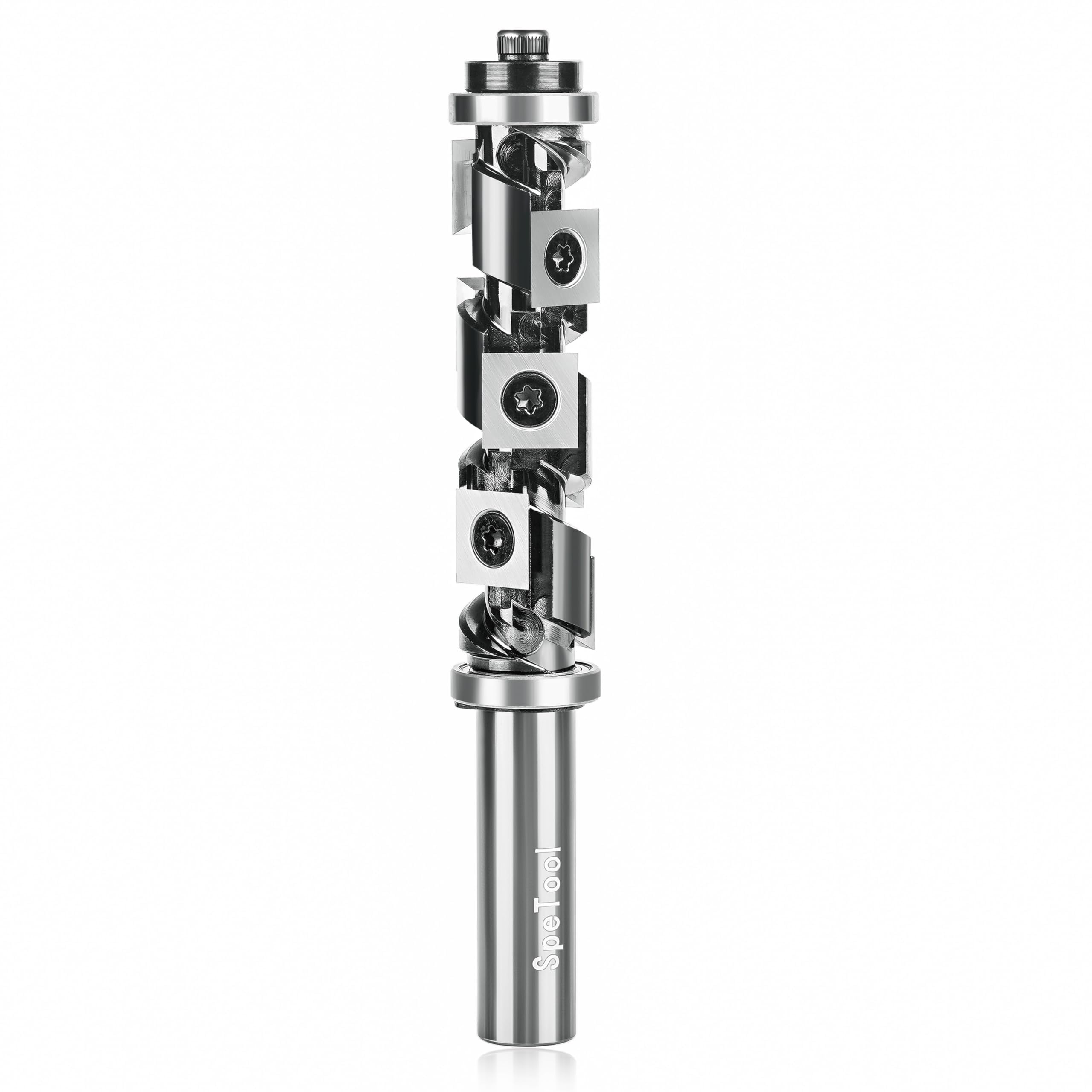 SpeTool Frez wyrównujący z płytkami wymiennymi, 12 mm, trzonek VHM, frez spiralny, kopiujący do frezarki górnowrzecionowej, średnica cięcia 19 mm, frez wyrównujący, łożysko kulkowe u góry i na dole z