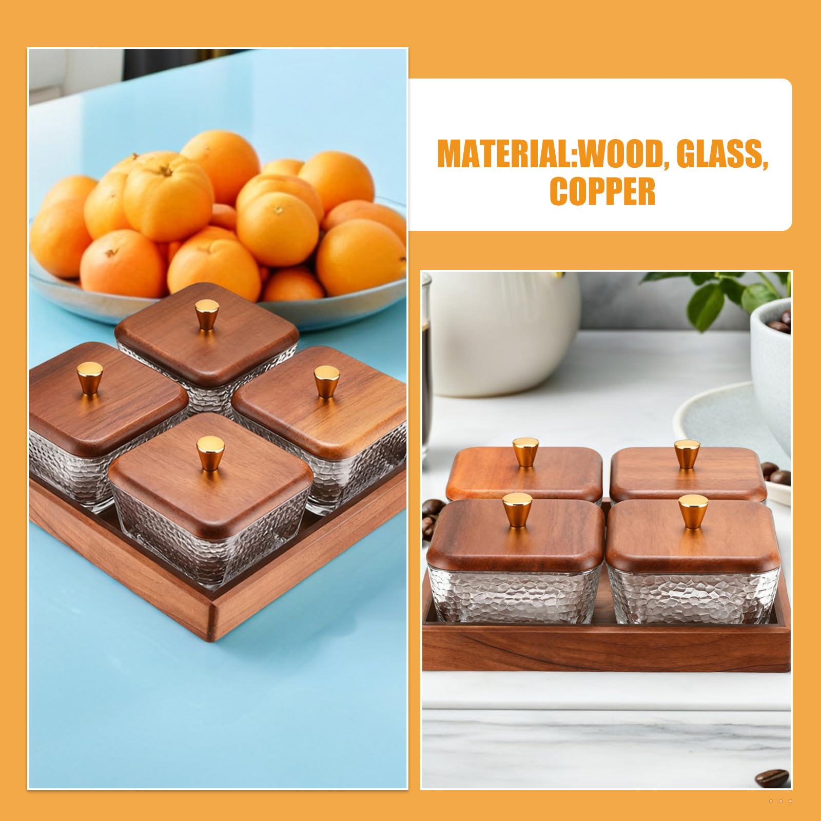 Zerodeko Bandeja de Fruta de Madera y Vidrio con 4 Compartimentos, Diseño Dividido para Organizar Snacks y Mantener Frescos, Adecuado para Despensa de Cocina y Eventos al Aire Libre