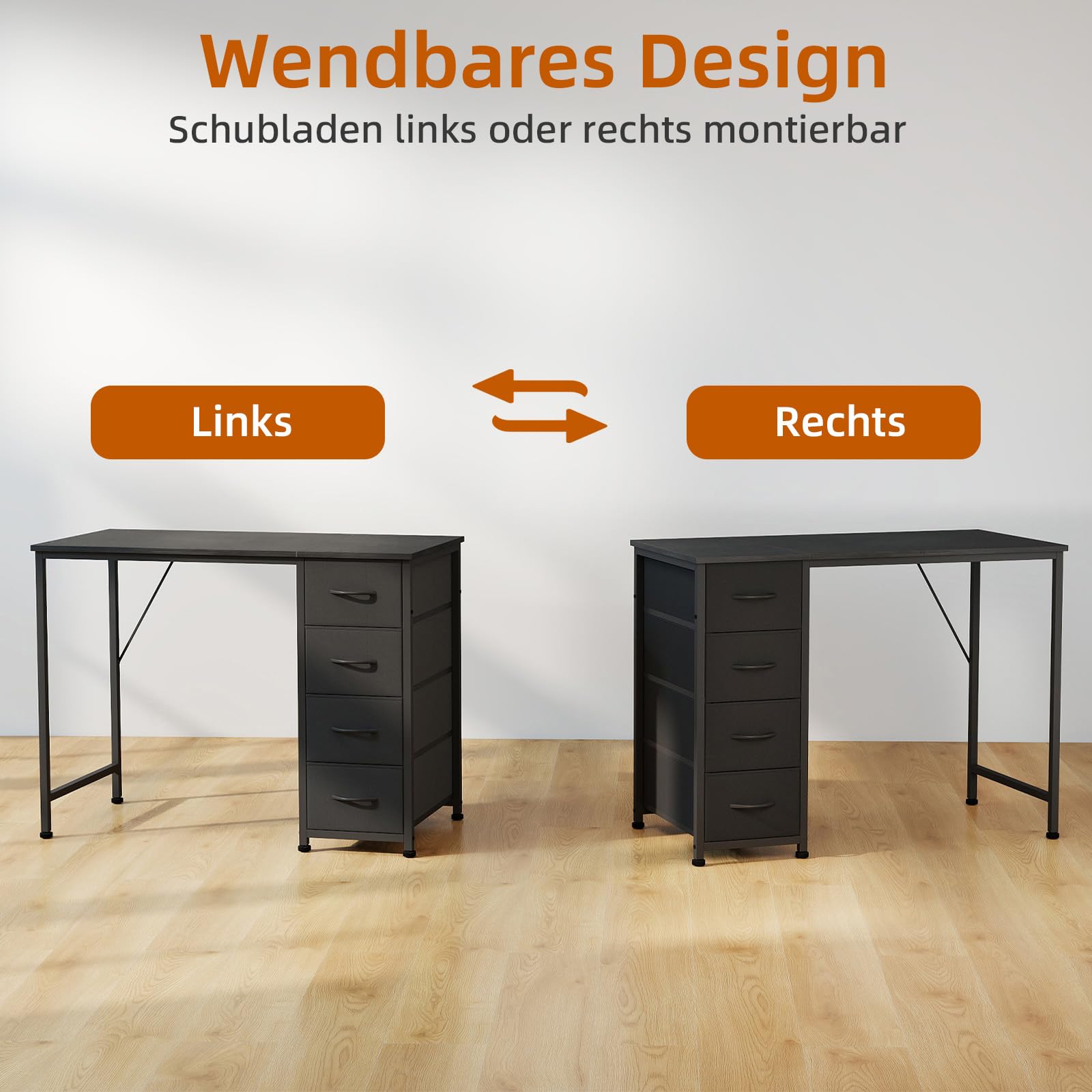 Somdot Schreibtisch, 4 Stoffschubladen Links oder rechts, 100x48 cm Schwarz